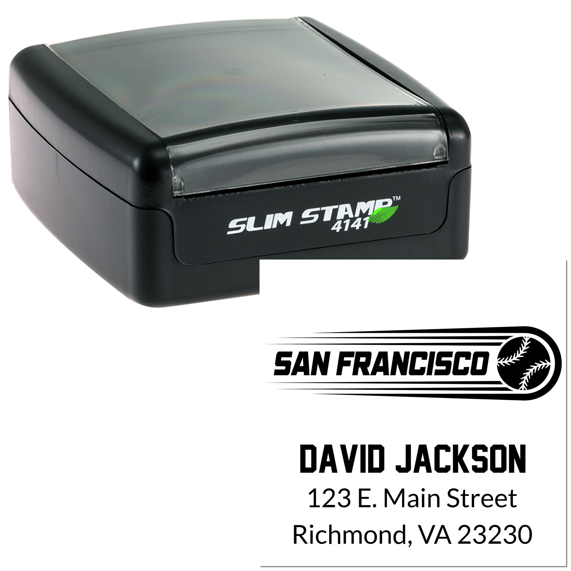 Custom self-inking rubber stamp with San Francisco baseball logo, name, and address imprint