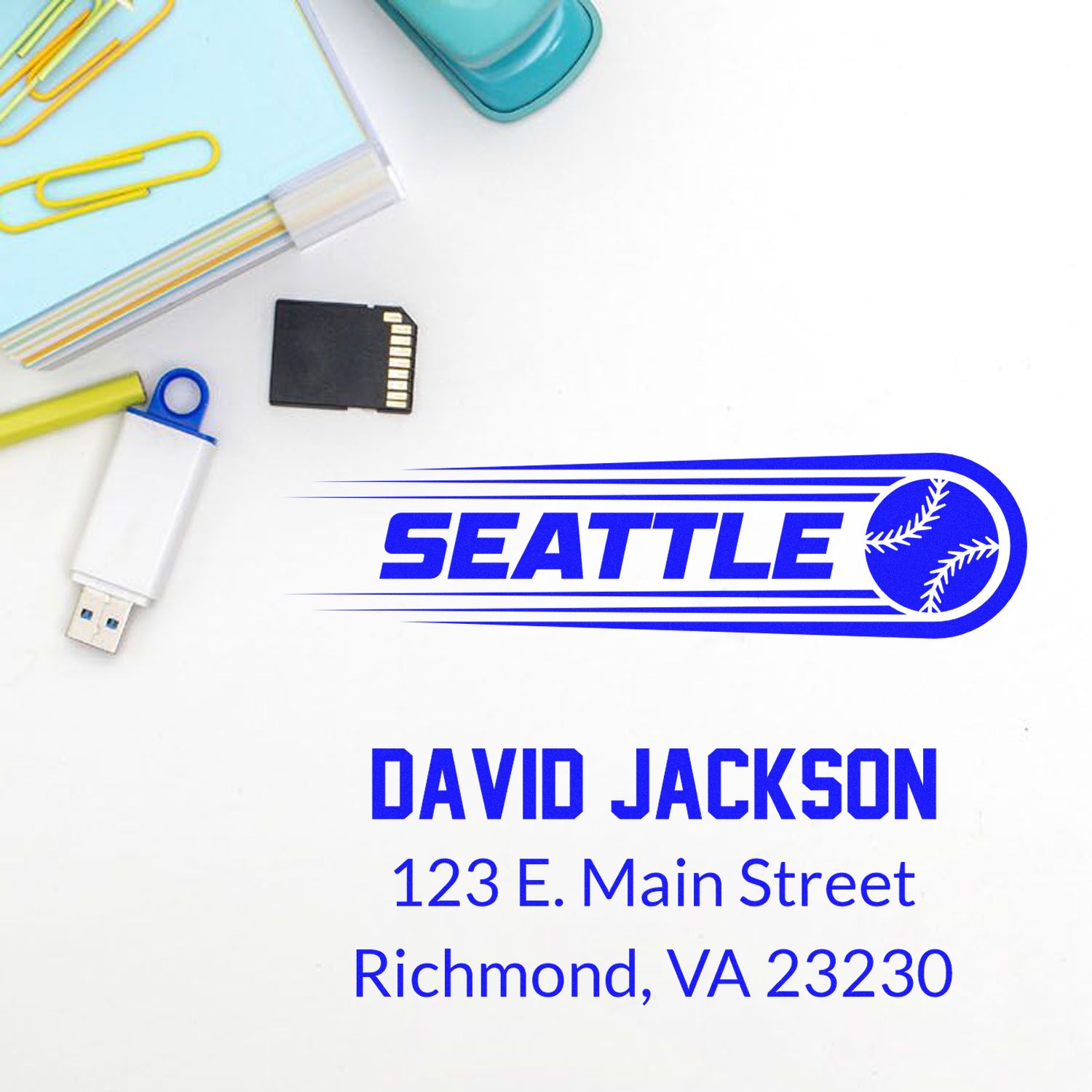 Personalized return address rubber stamp with Seattle baseball logo, David Jackson, and Richmond, VA address.