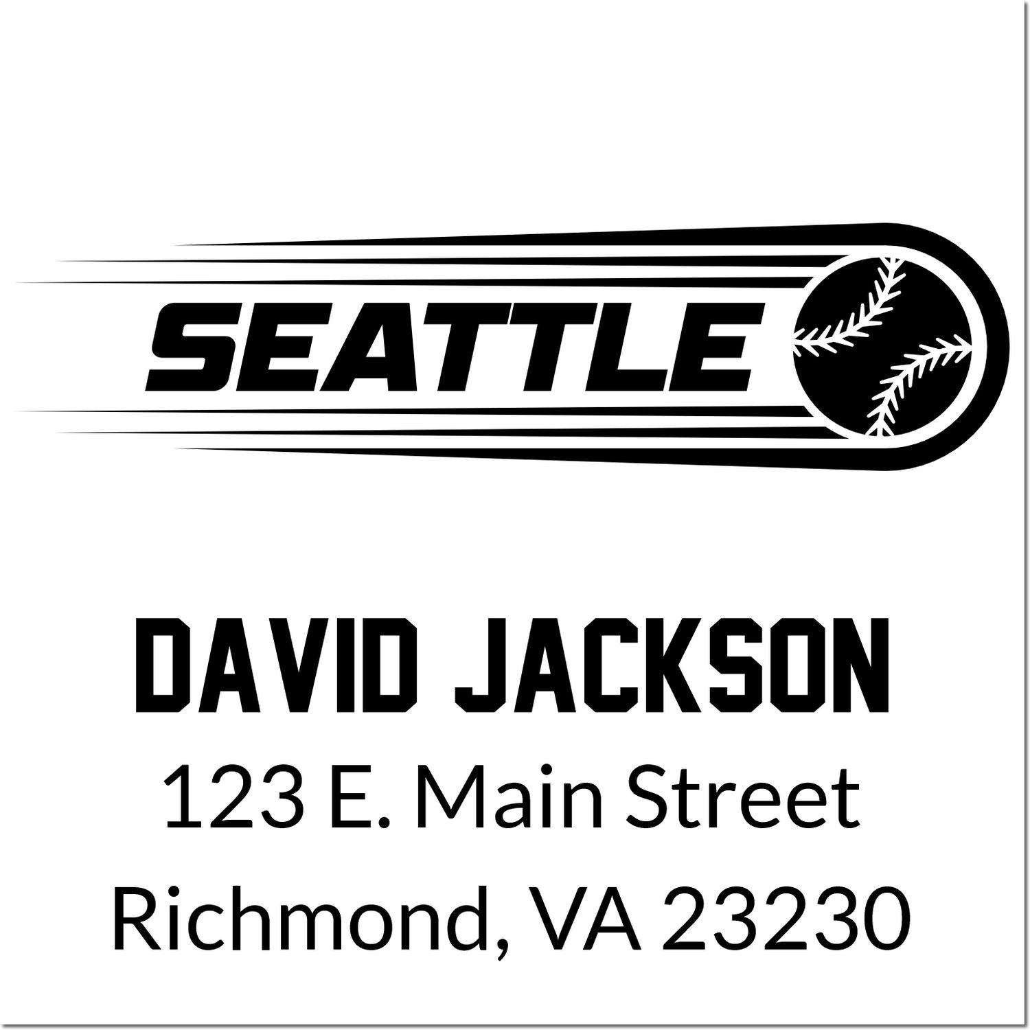 Custom Seattle baseball address stamp with David Jackson, 123 E. Main Street, Richmond, VA 23230.
