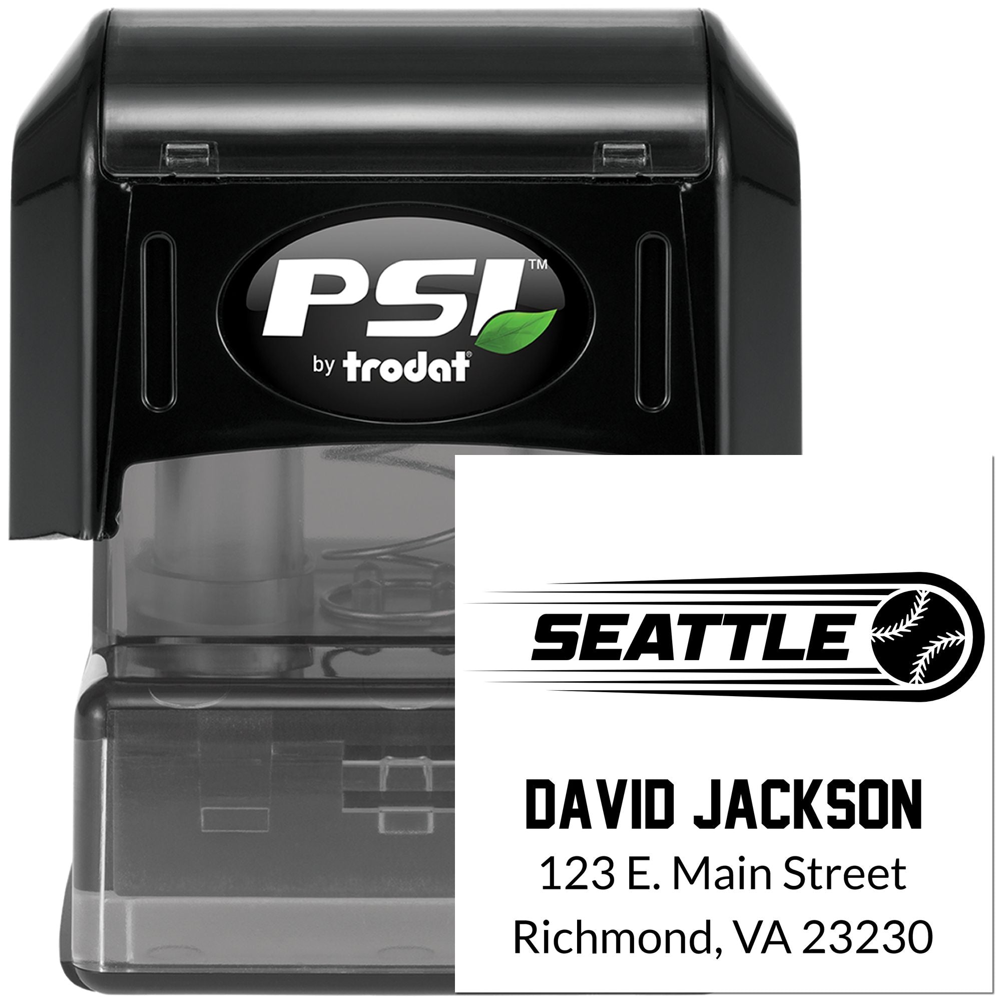 PSI by Trodat custom self-inking address stamp with Seattle baseball logo and David Jackson name.
