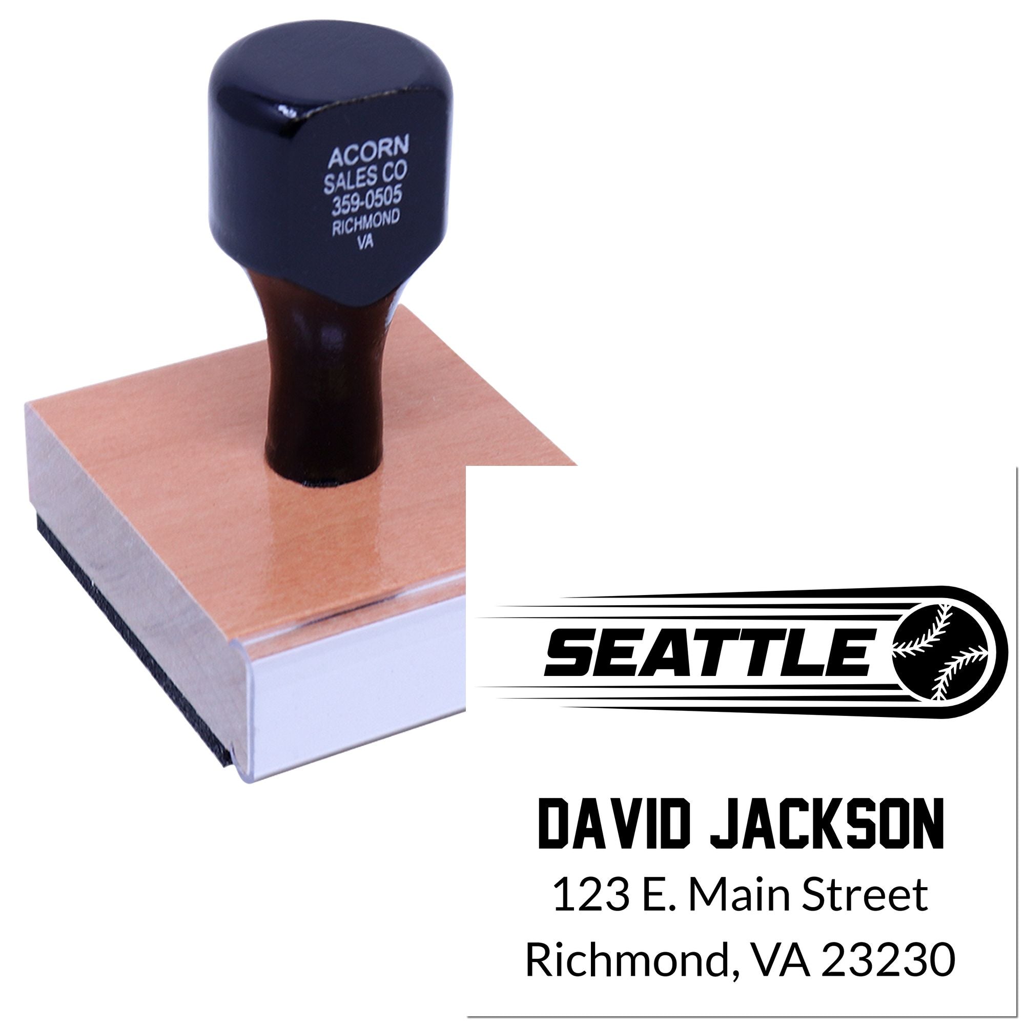 Custom self-inking rubber address stamp with Seattle baseball logo, David Jackson name, and Richmond, VA mailing details.