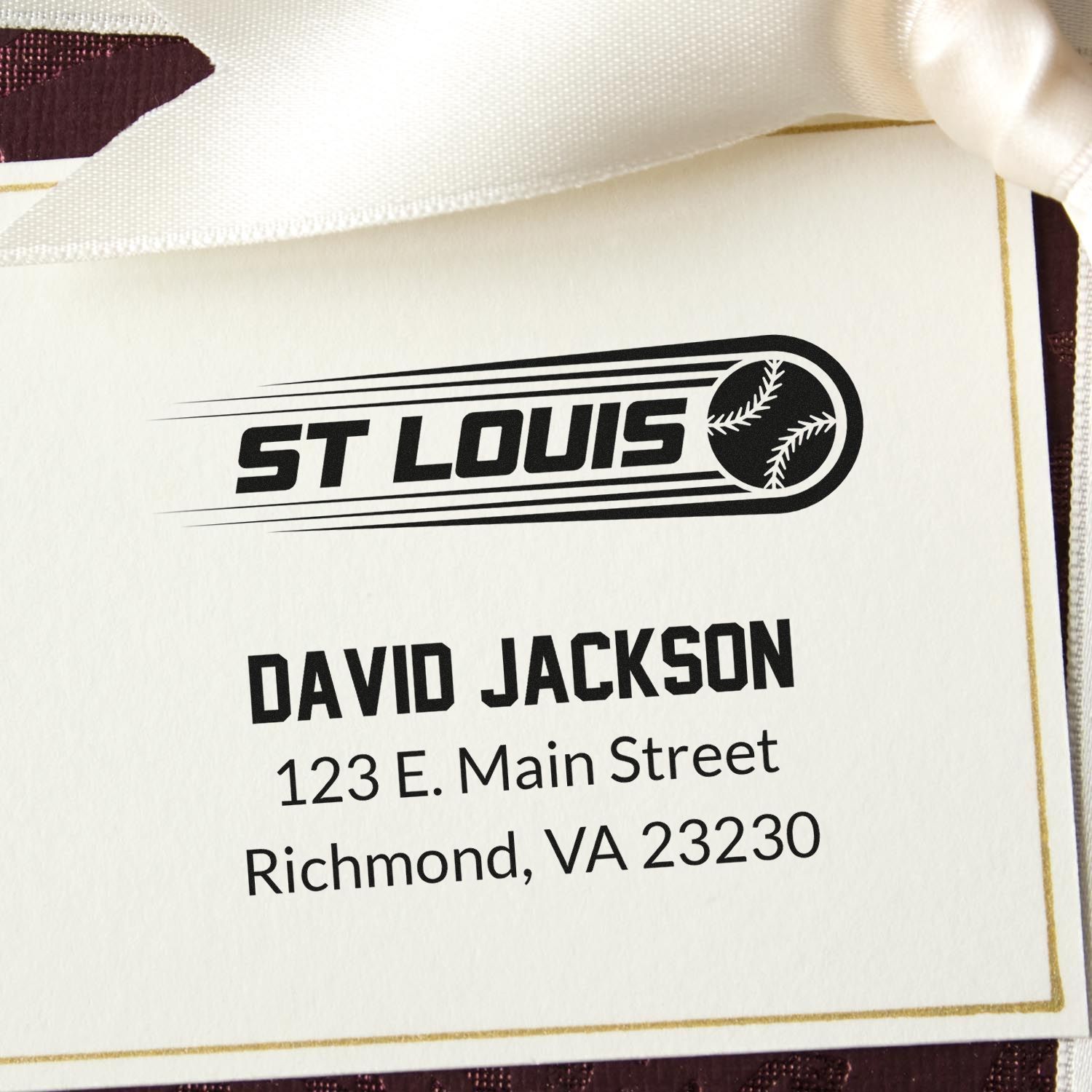 Custom St. Louis baseball return address rubber stamp for David Jackson, Richmond, VA 23230.