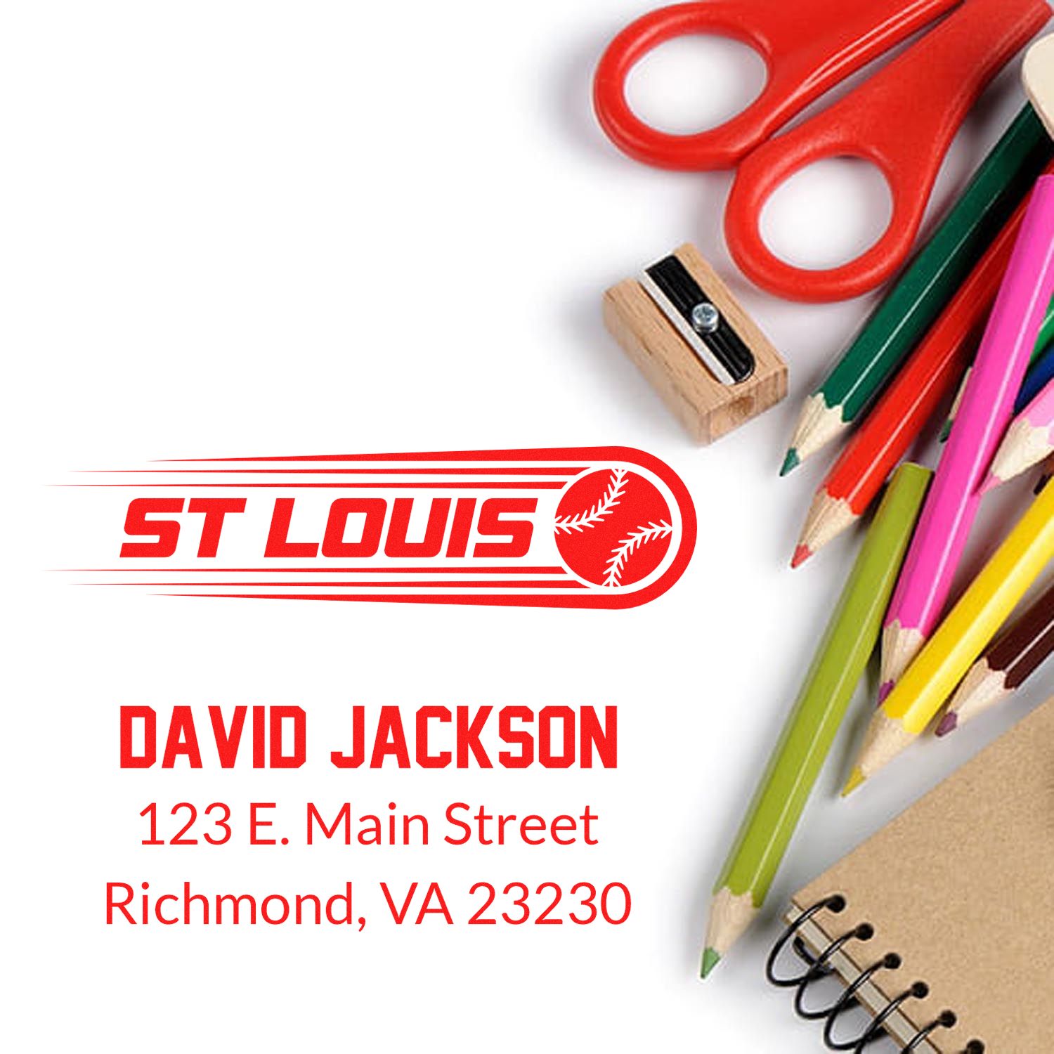 Custom rubber address stamp for David Jackson, featuring a St. Louis logo and Richmond, VA 23230 return address.