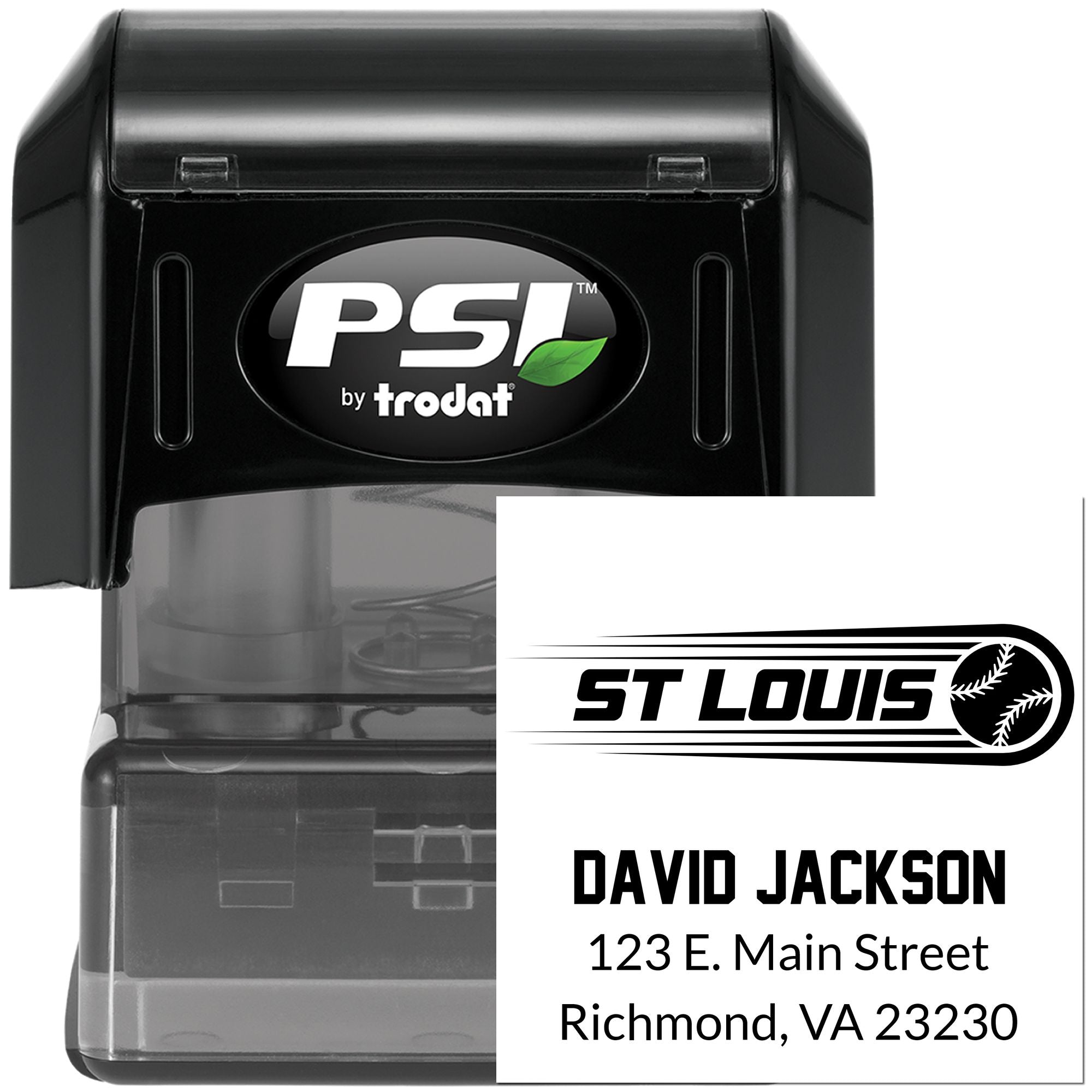Custom self-inking address rubber stamp with St. Louis baseball logo, David Jackson name, and Richmond, VA address.