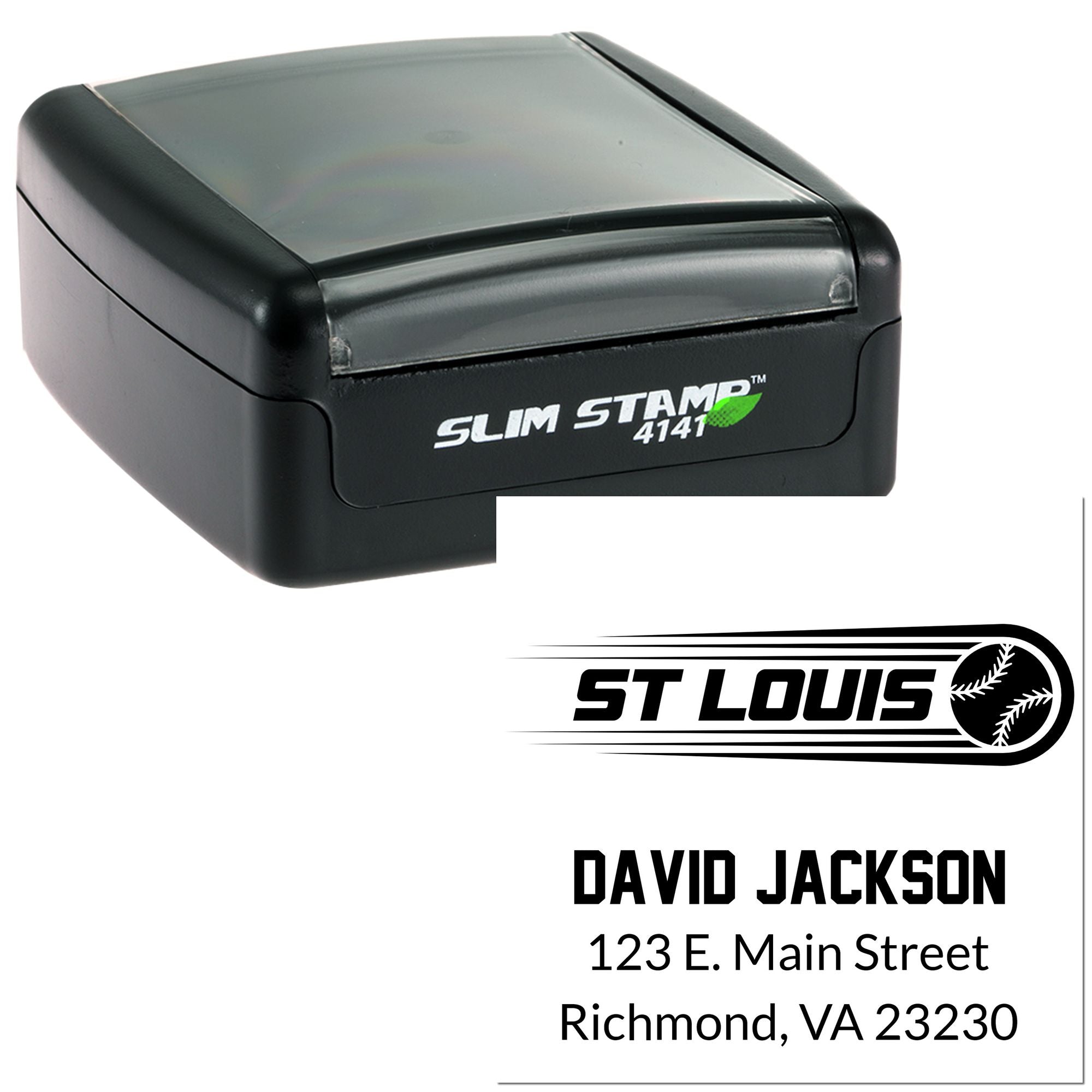 Custom self-inking baseball rubber stamp with St. Louis logo, name, and address