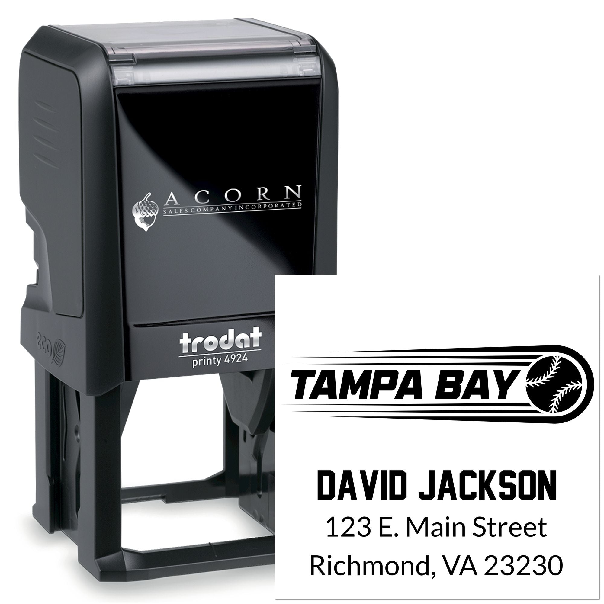 Custom self-inking rubber stamp with Tampa Bay baseball logo, David Jackson name, and Richmond, VA address.