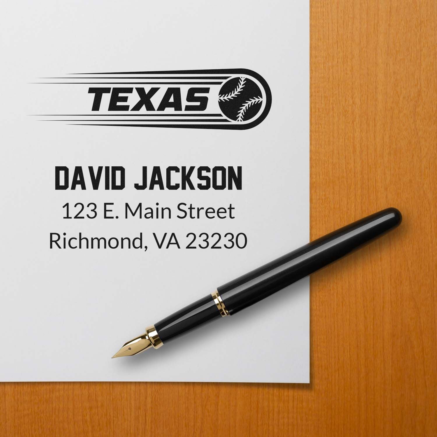 Custom Texas baseball return address rubber stamp for David Jackson, Richmond, VA 23230