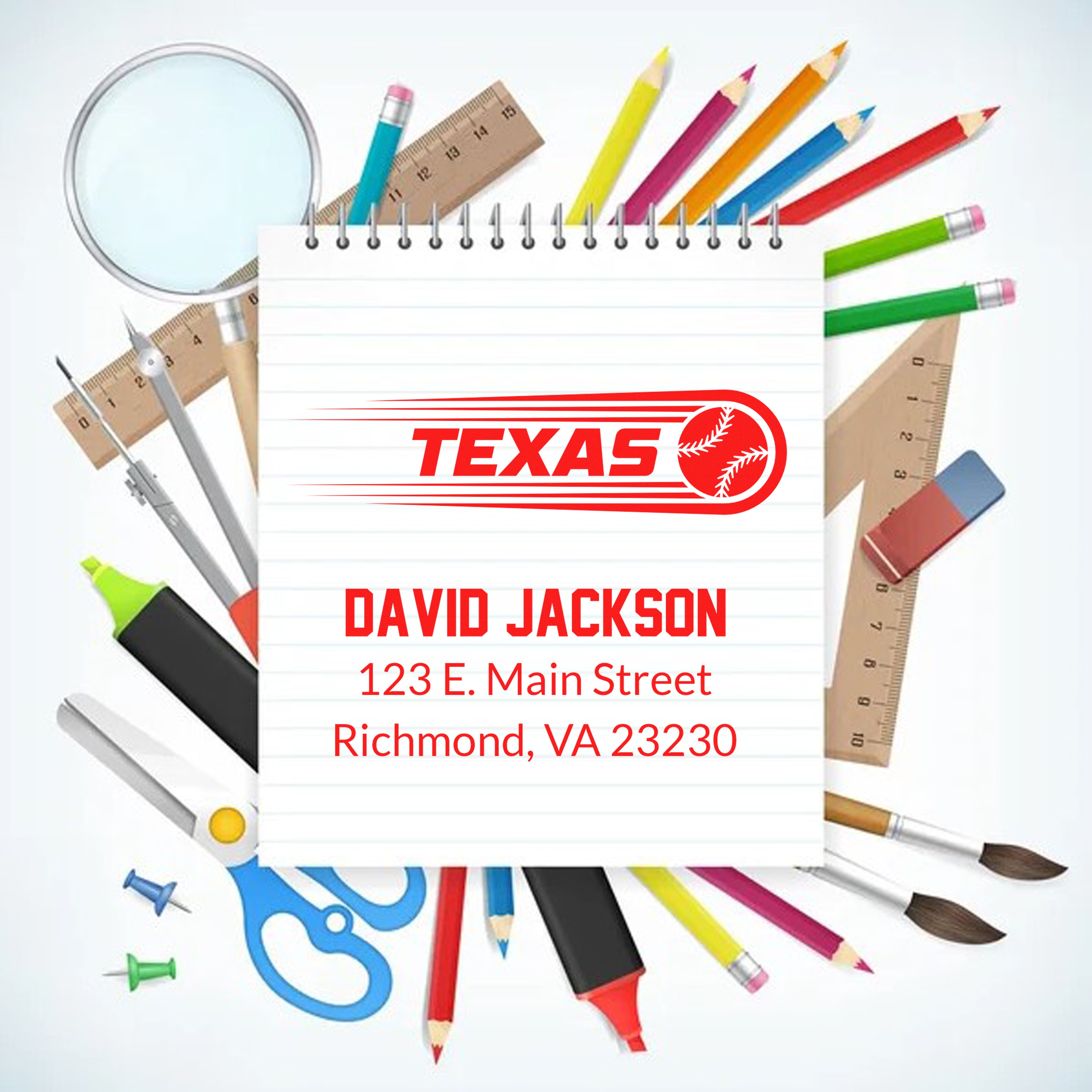Custom return address rubber stamp with Texas logo, name, and address on a school supply themed design.