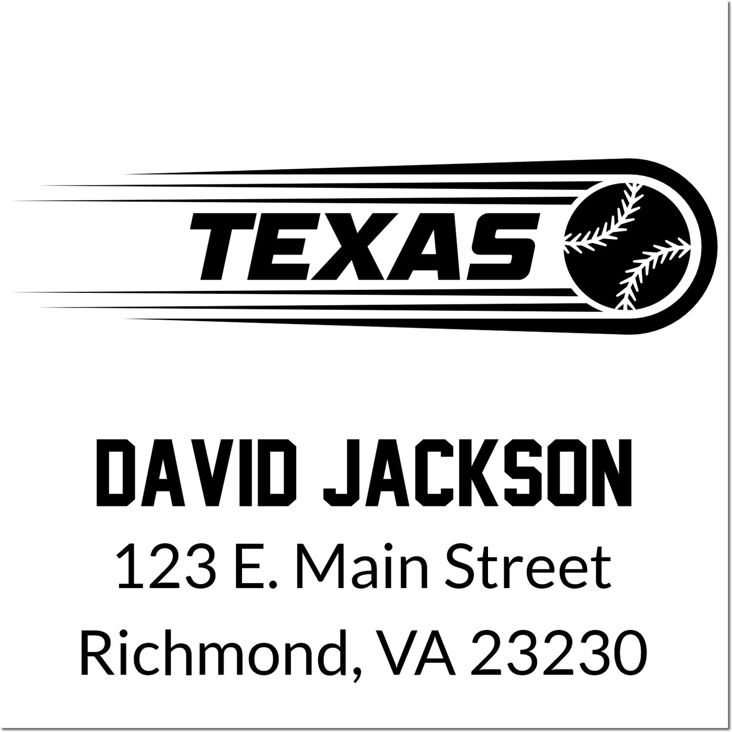 Custom Texas baseball return address rubber stamp for David Jackson, 123 E. Main Street, Richmond, VA 23230.