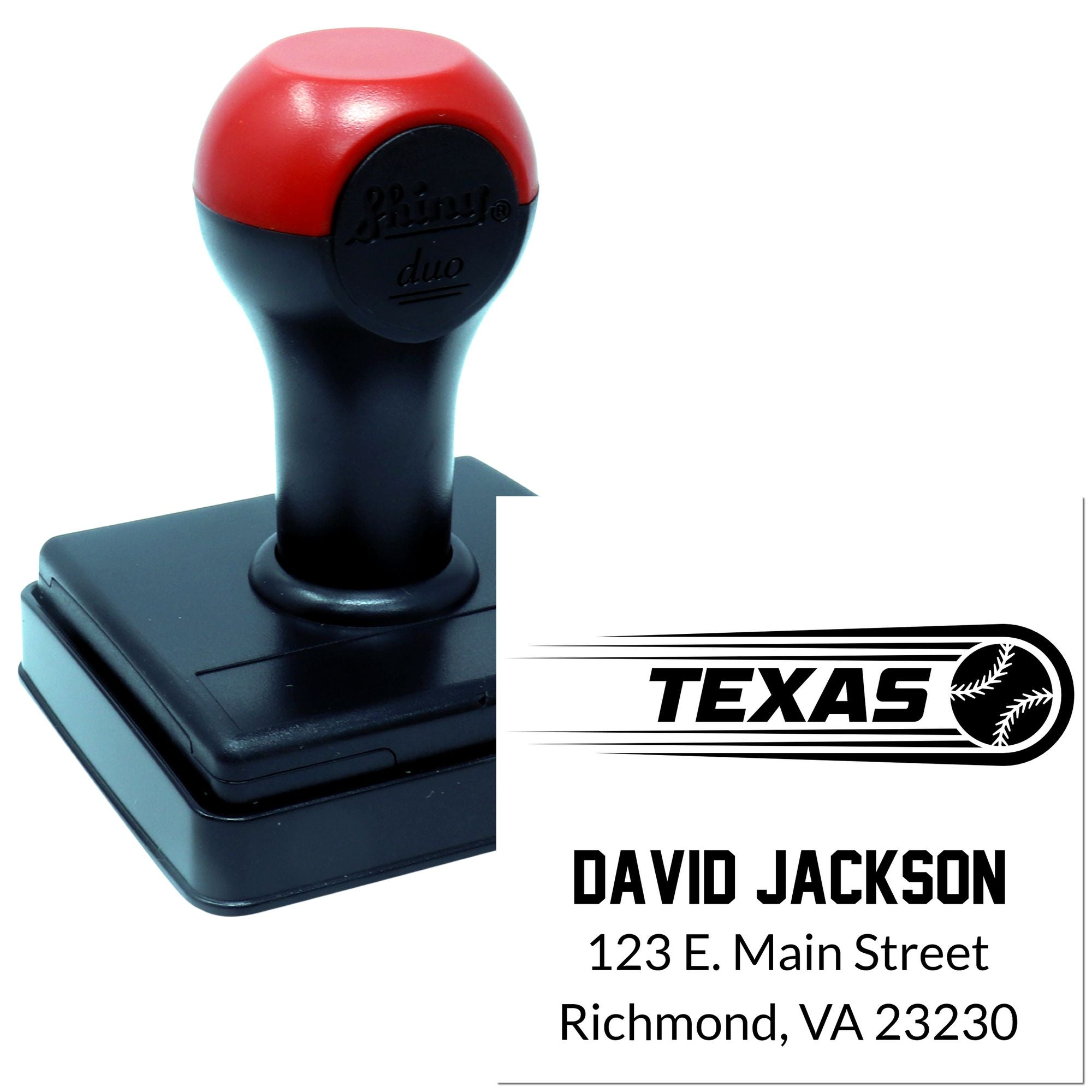Custom self-inking rubber stamp with Texas logo, David Jackson name, and business address for mailing or branding.