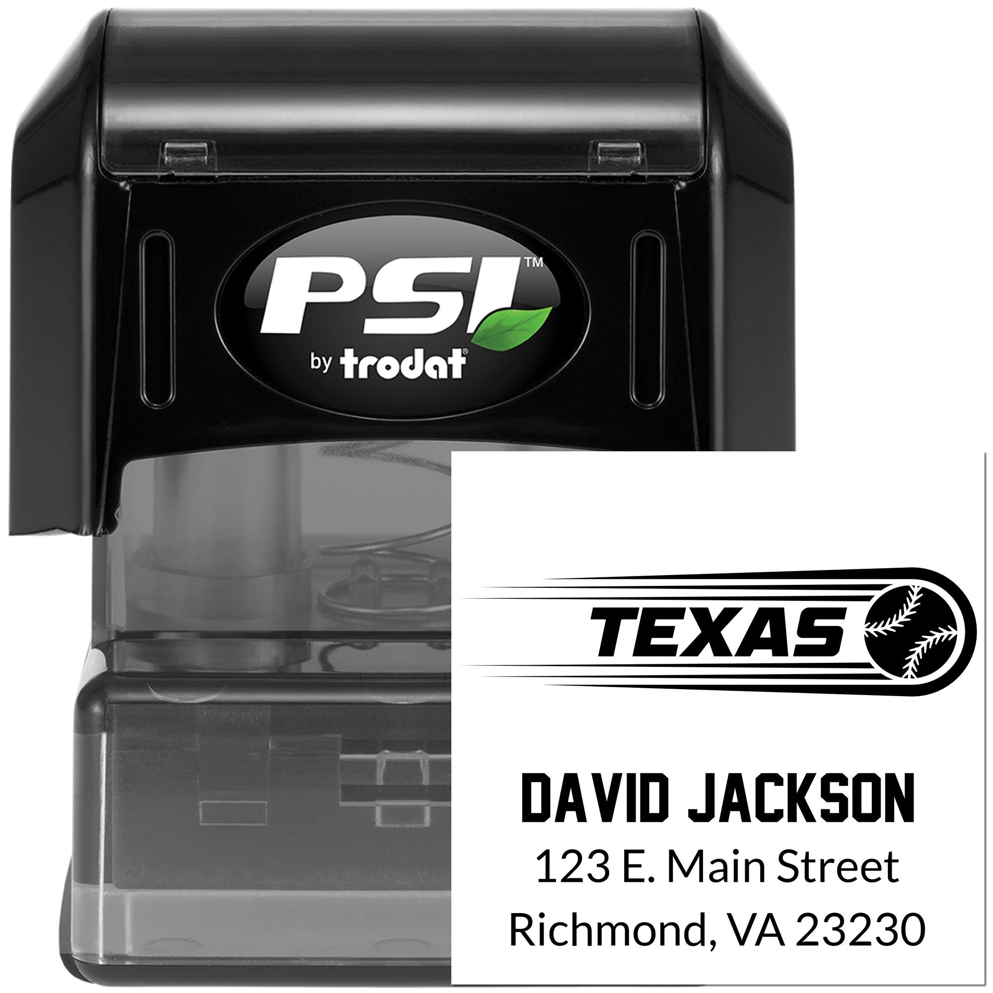 Custom self-inking rubber address stamp by PSI Trodat with Texas baseball logo, David Jackson, and mailing address.