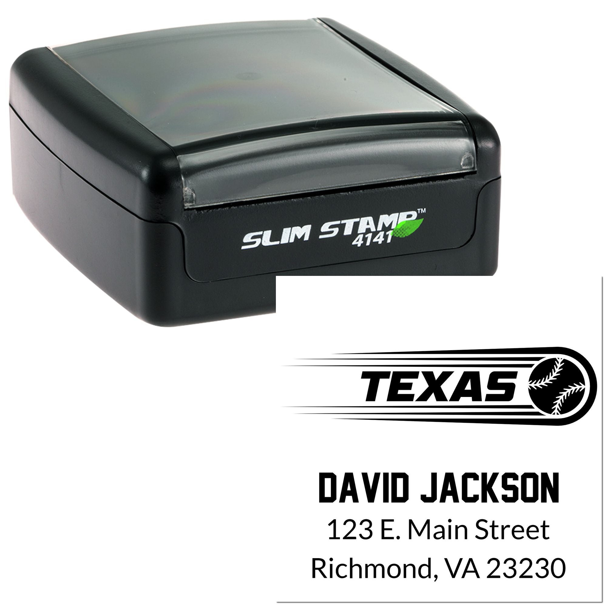 Custom self-inking rubber address stamp with Texas baseball logo, David Jackson name, and Richmond, VA return address.