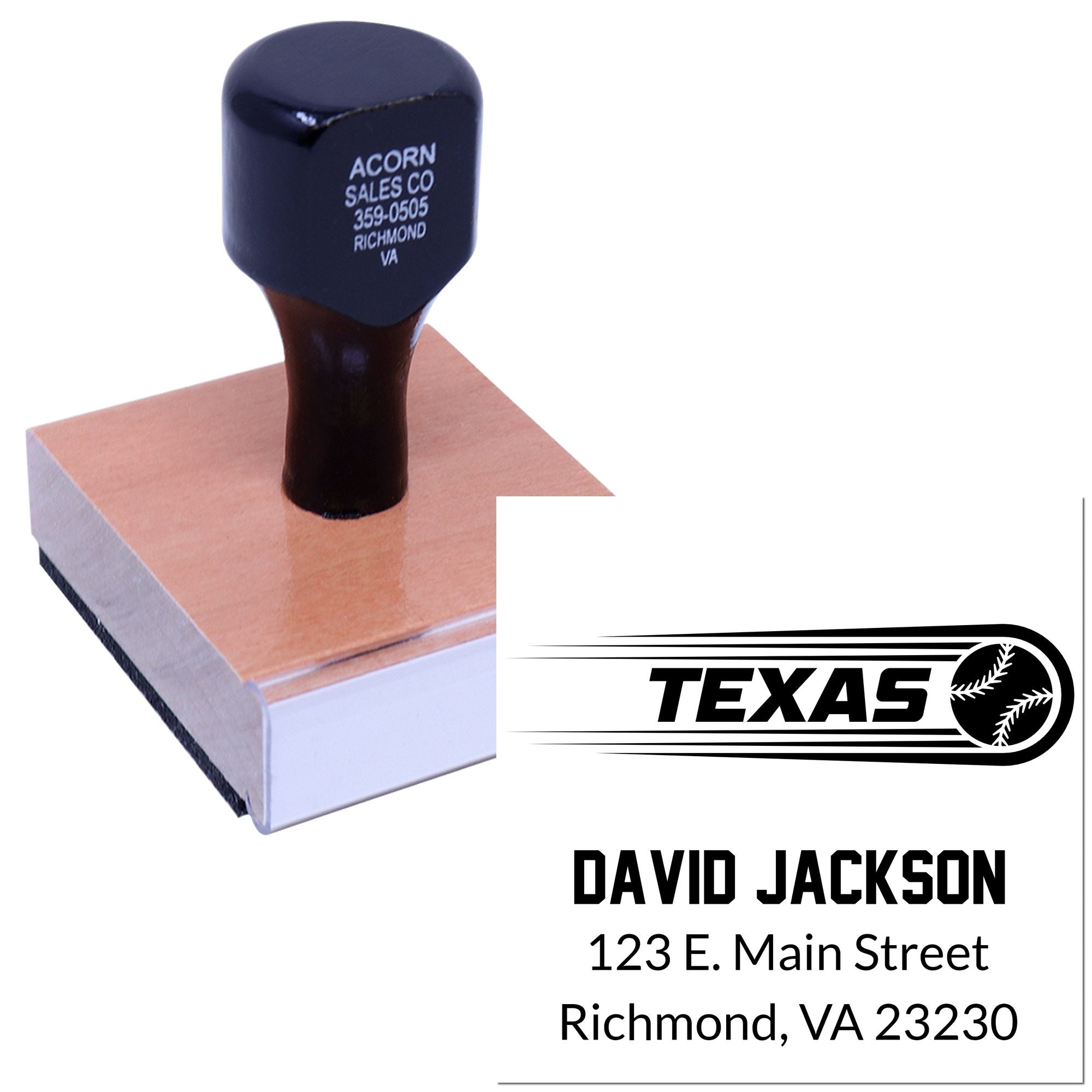 Custom rubber address stamp with Texas baseball logo and David Jackson return address.