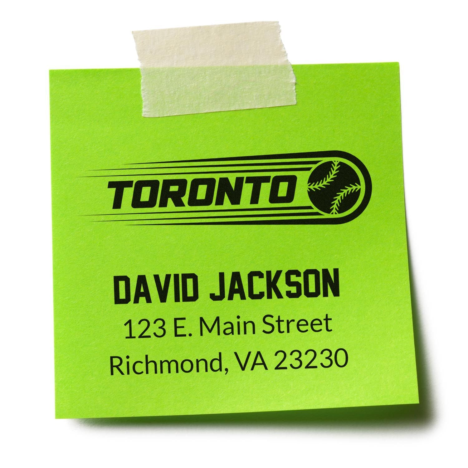 Custom Toronto baseball rubber stamp with personalized return address for David Jackson on a green note.