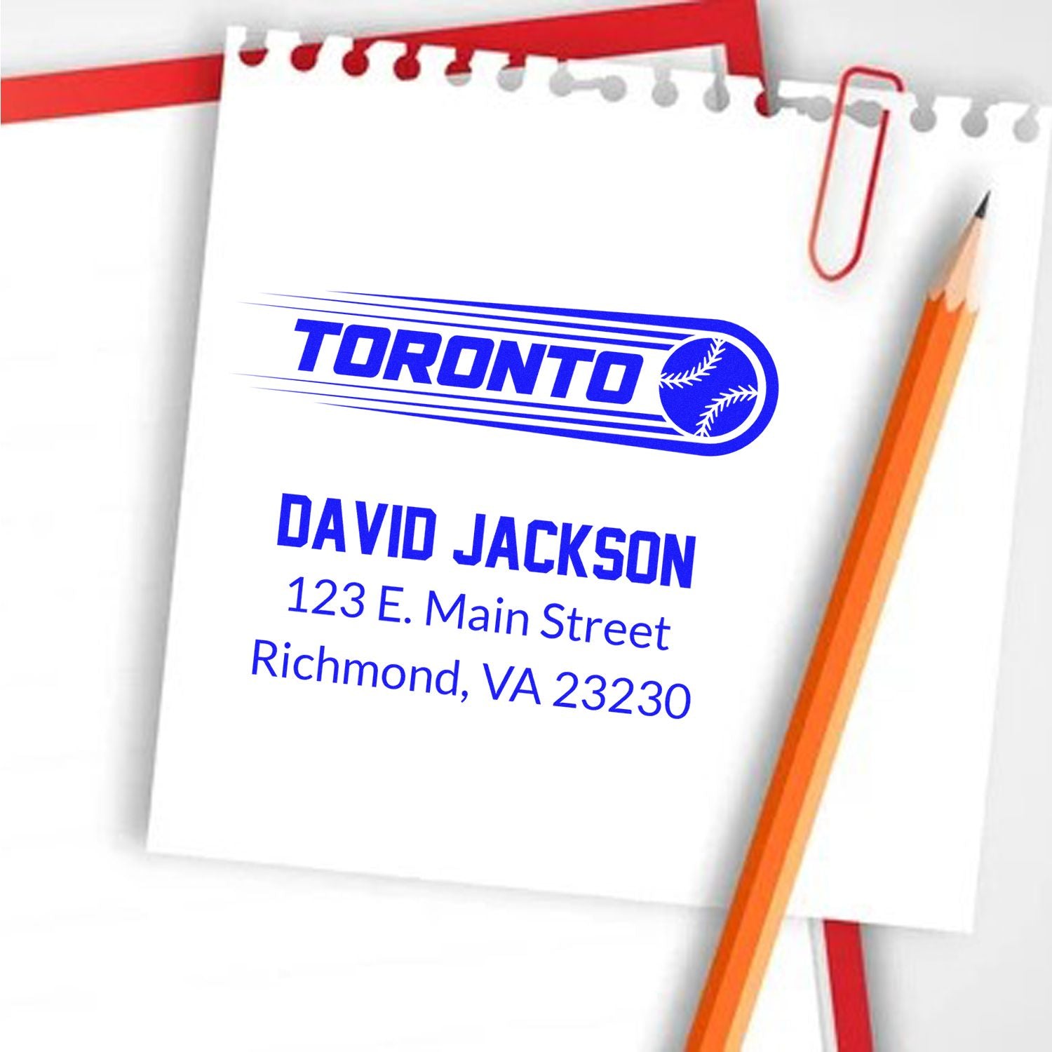 Custom baseball address rubber stamp with Toronto logo, David Jackson name, and Richmond, VA 23230 mailing address.