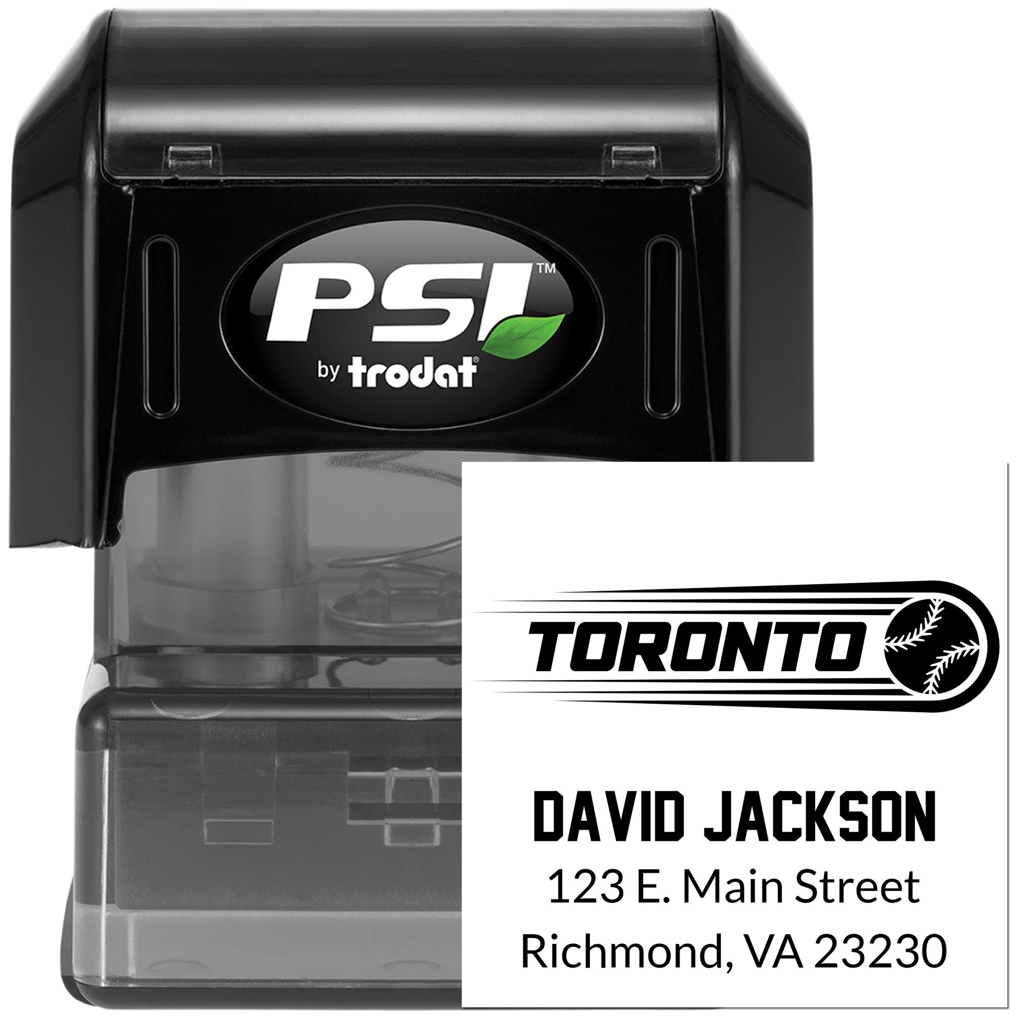 Custom self-inking rubber stamp with Toronto baseball logo, David Jackson name, and Richmond, VA address for mailing use.