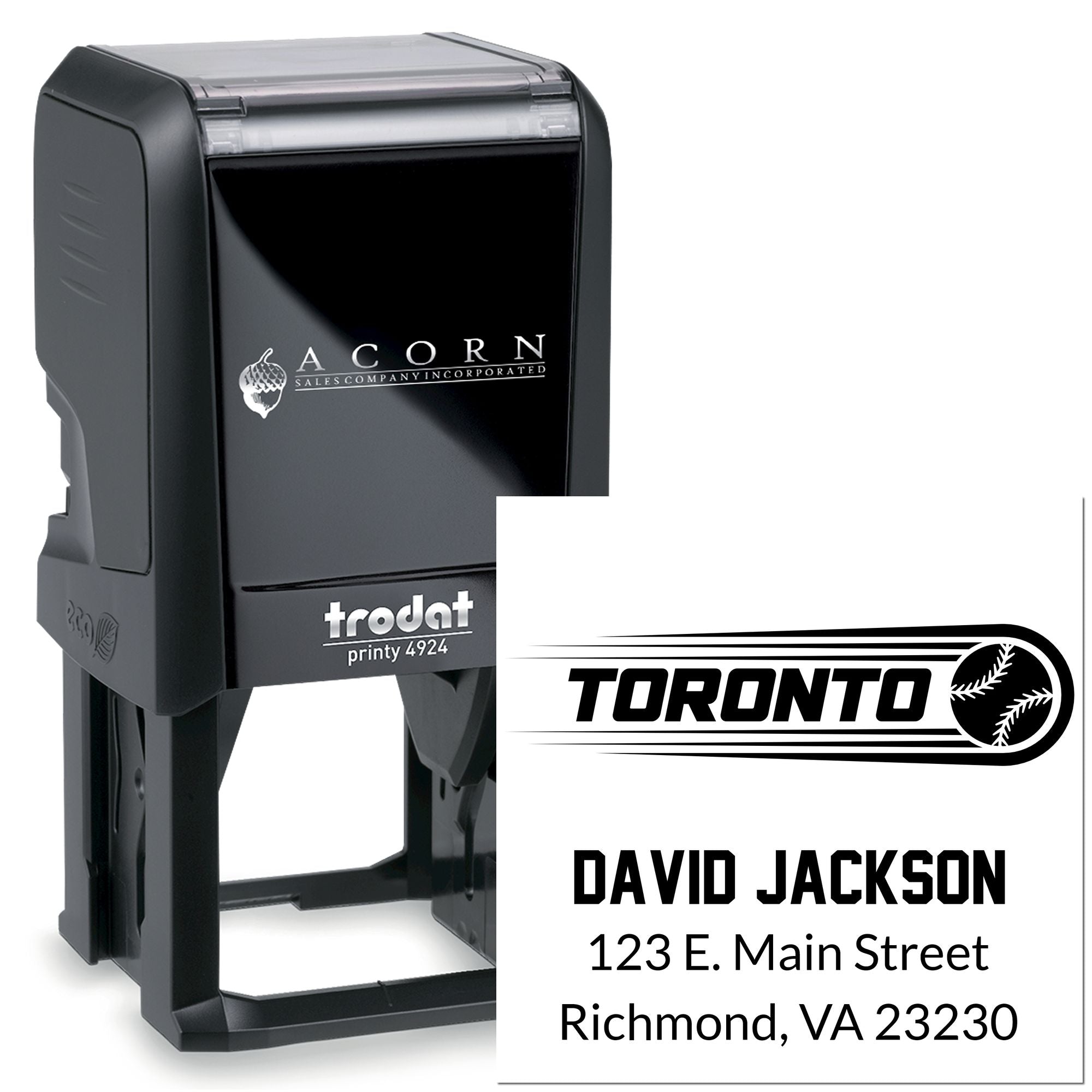 Custom Trodat self-inking rubber stamp for Toronto baseball branding with name and address imprint.