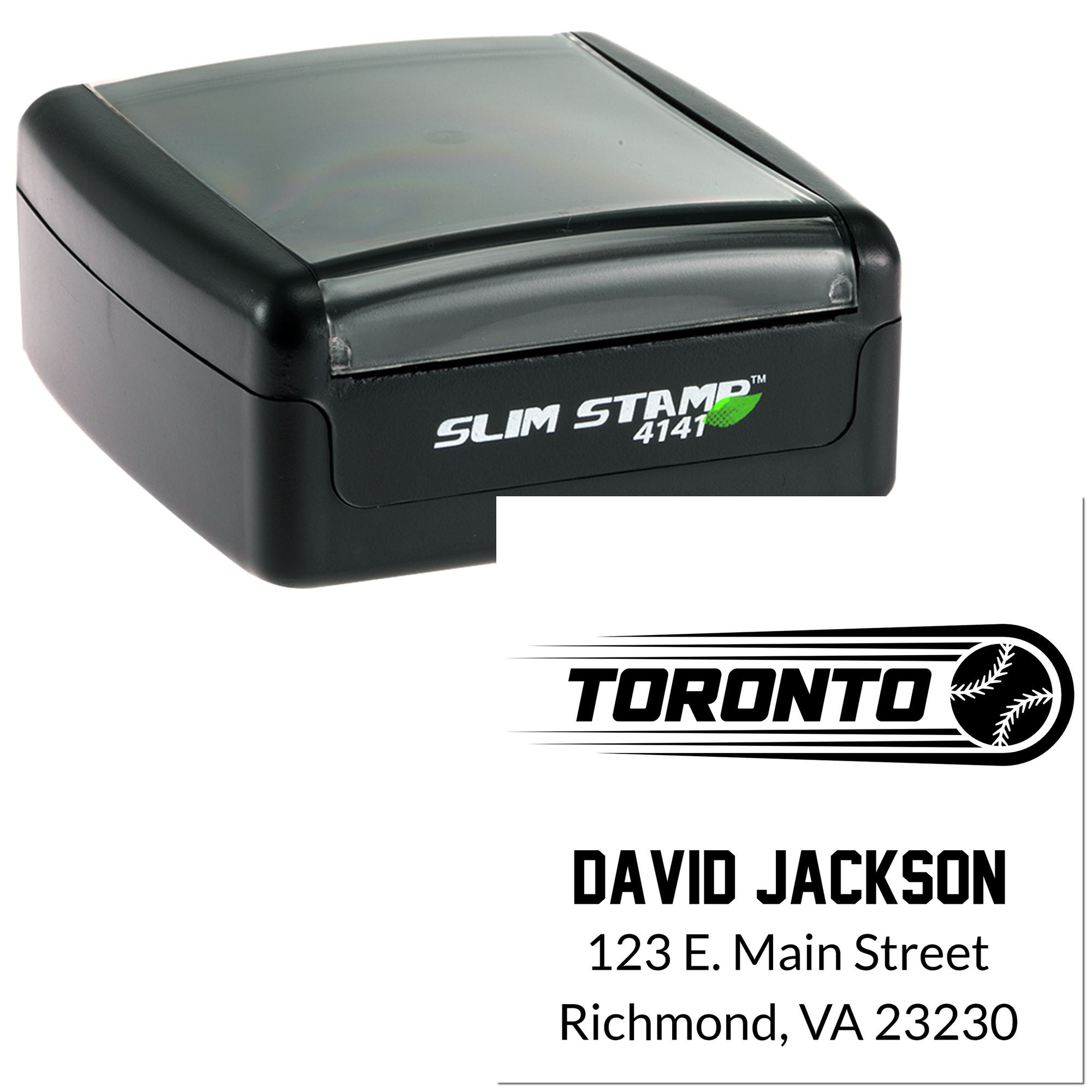 Custom self-inking rubber stamp with Toronto logo and personalized return address imprint for business mailing.