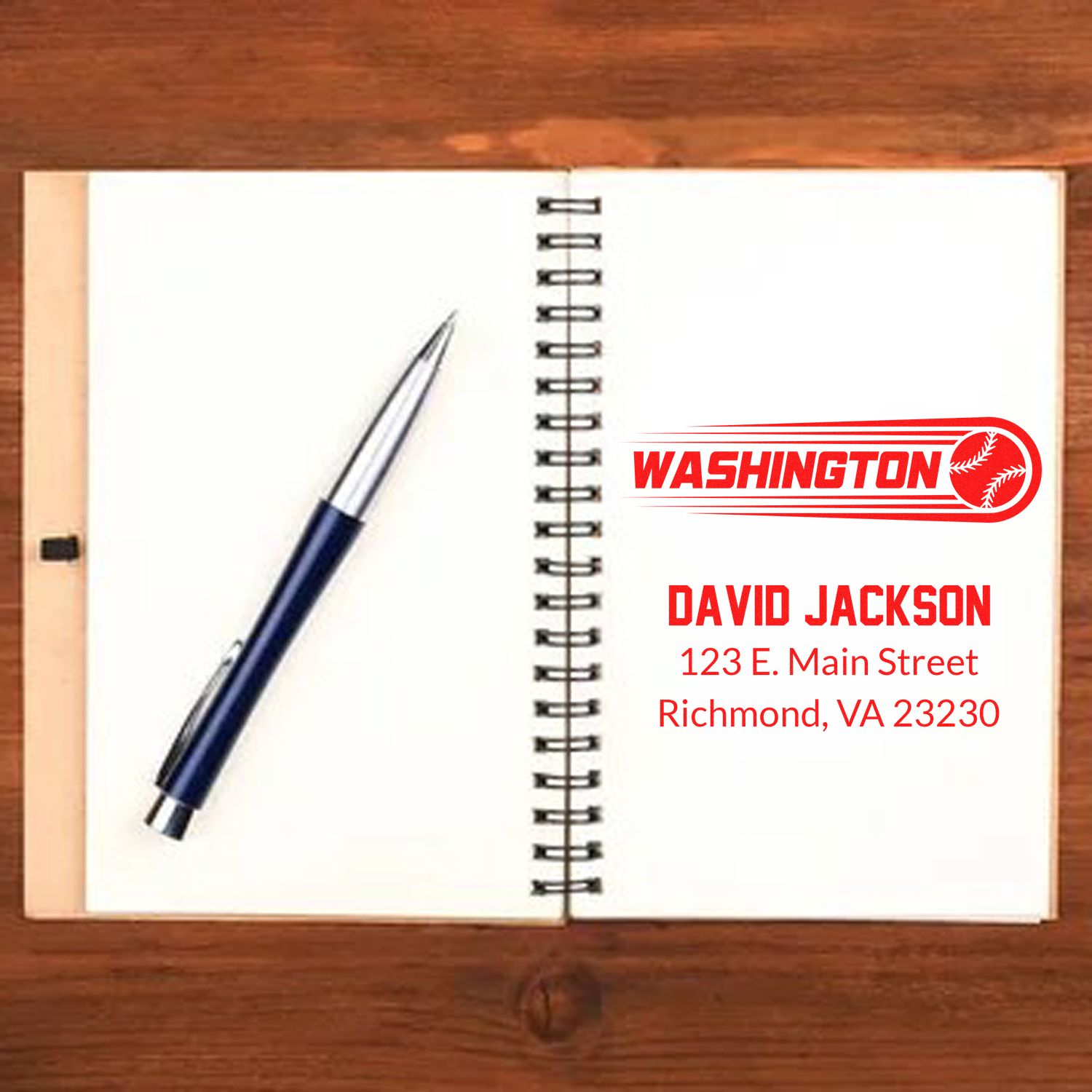 Custom rubber address stamp sample for David Jackson with Washington baseball logo and Richmond, VA address