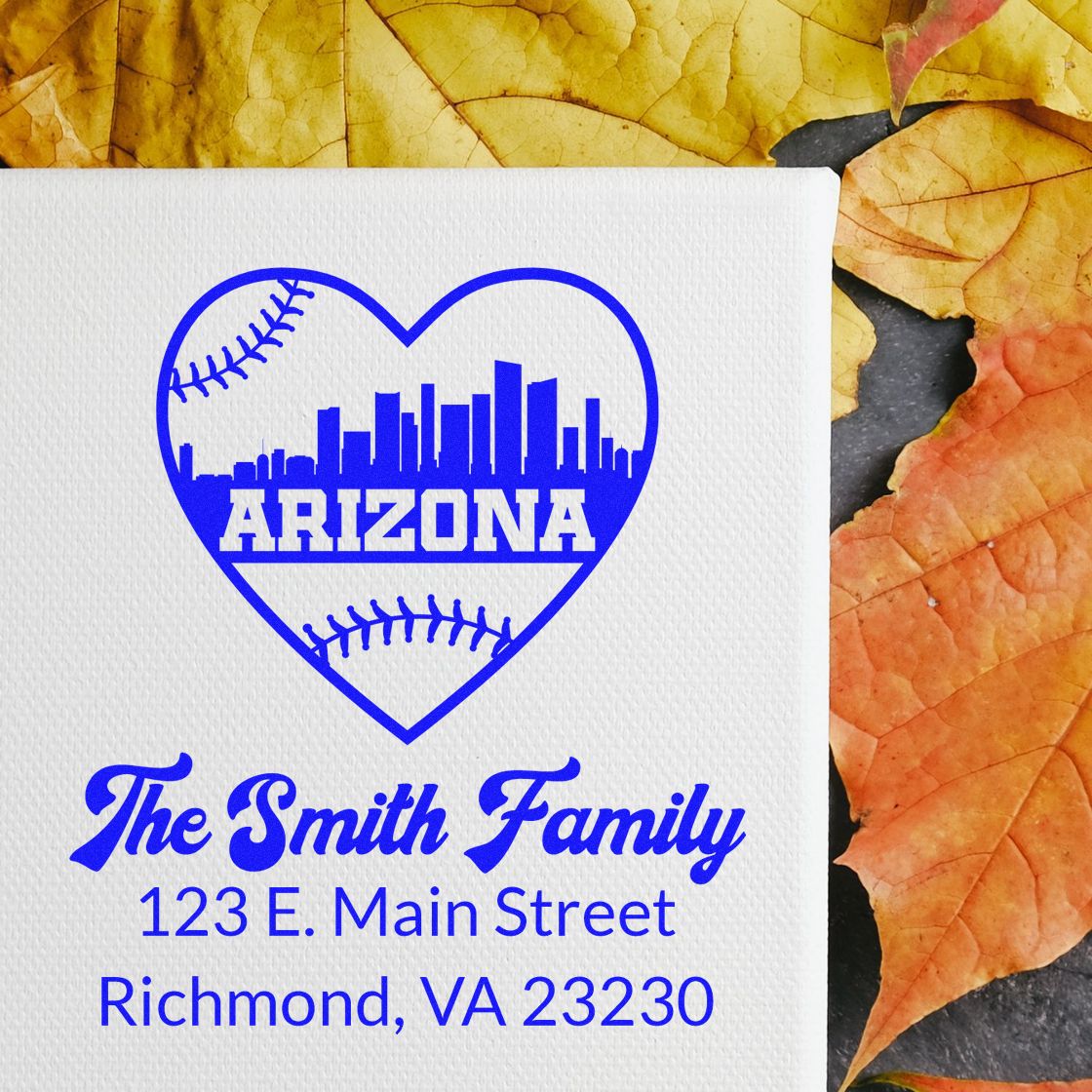 Custom Arizona heart baseball return address rubber stamp for The Smith Family with personalized address and skyline design.