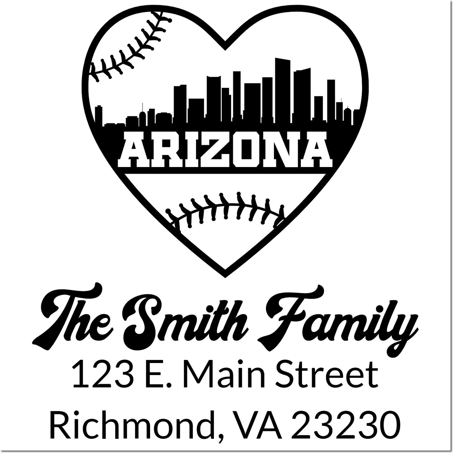 Custom Arizona baseball heart return address rubber stamp for The Smith Family, with city skyline and Richmond, VA 23230.