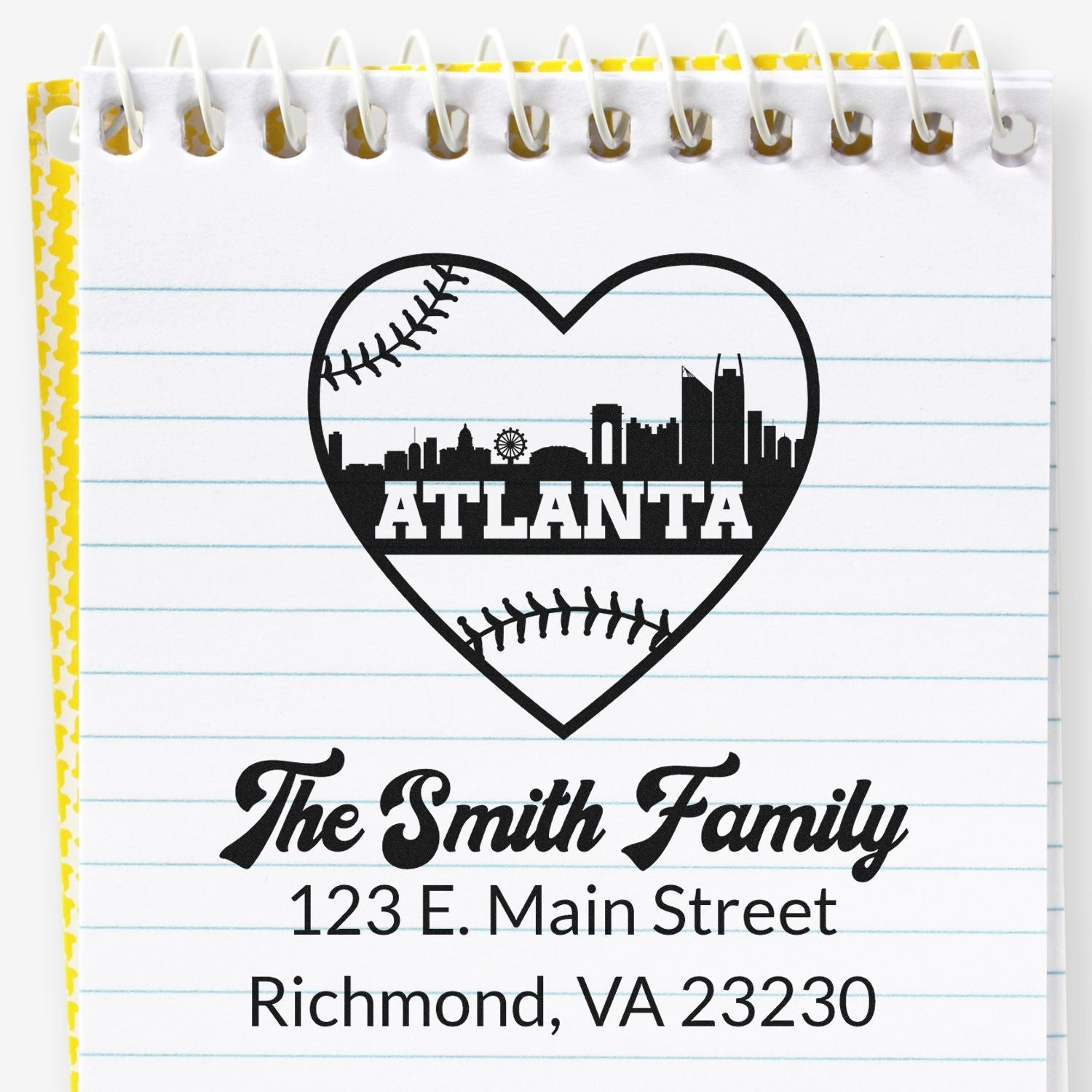 Personalized Atlanta family address rubber stamp with heart skyline and baseball design for The Smith Family, Richmond VA.