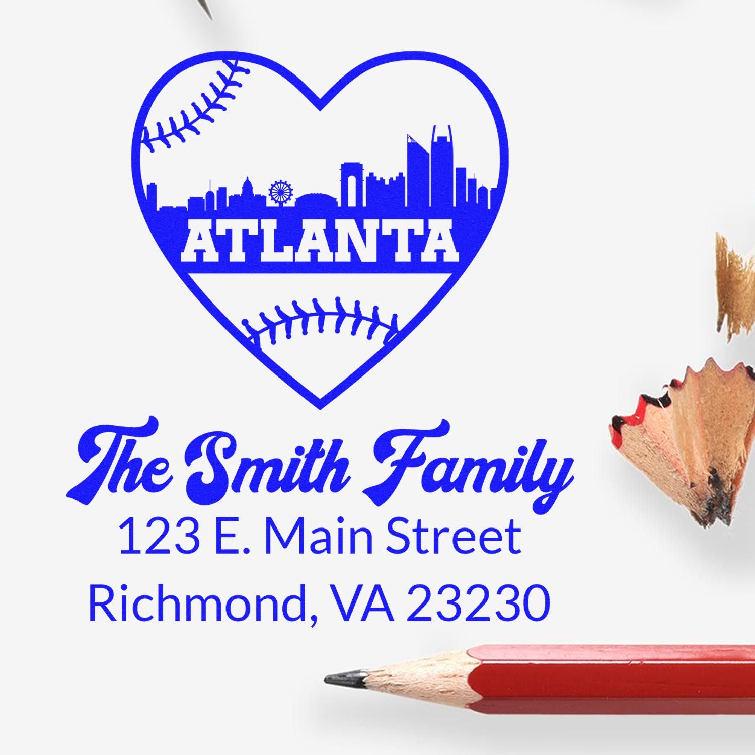 Custom rubber address stamp for The Smith Family featuring Atlanta skyline heart, baseball accents, and Richmond, VA address.