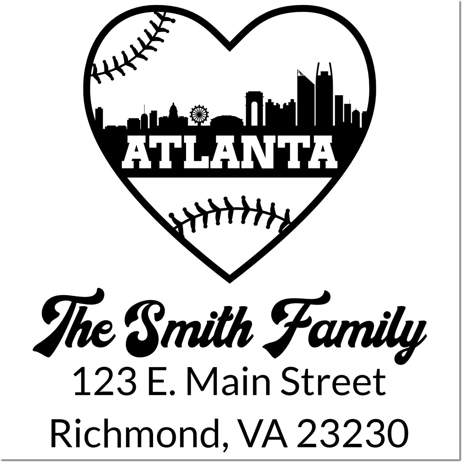 Custom address rubber stamp with Atlanta skyline heart, baseball seams, The Smith Family, Richmond, VA 23230.