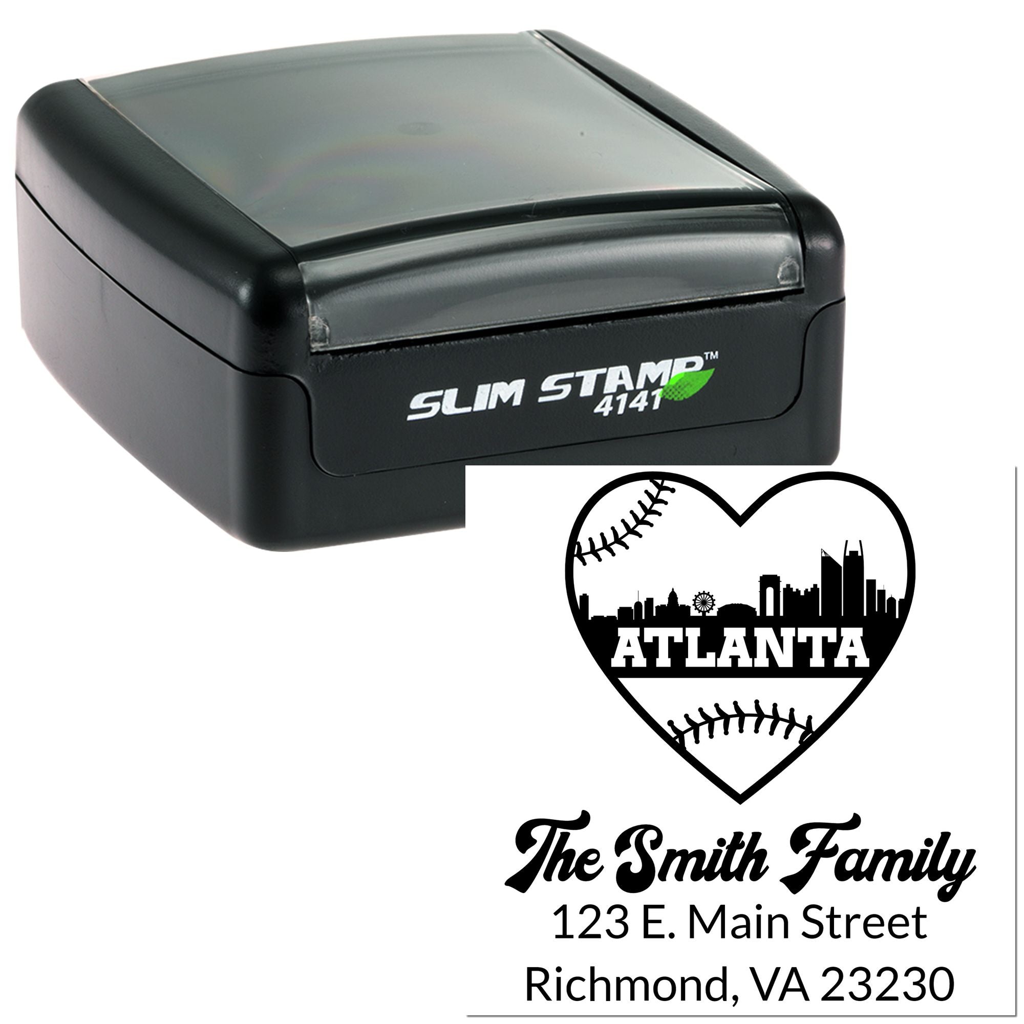Custom Slim Stamp 4141 self-inking rubber address stamp with Atlanta baseball heart design and Smith Family return address.
