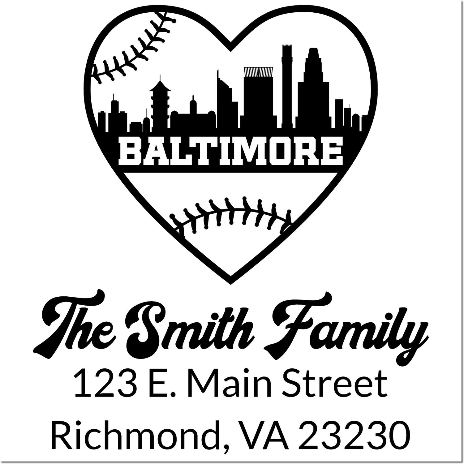 Custom Baltimore skyline heart return address rubber stamp for The Smith Family, 123 E. Main Street, Richmond, VA 23230