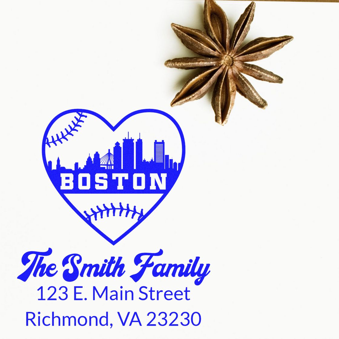 Custom return address rubber stamp with Boston baseball heart logo, The Smith Family, and Richmond, VA 23230.