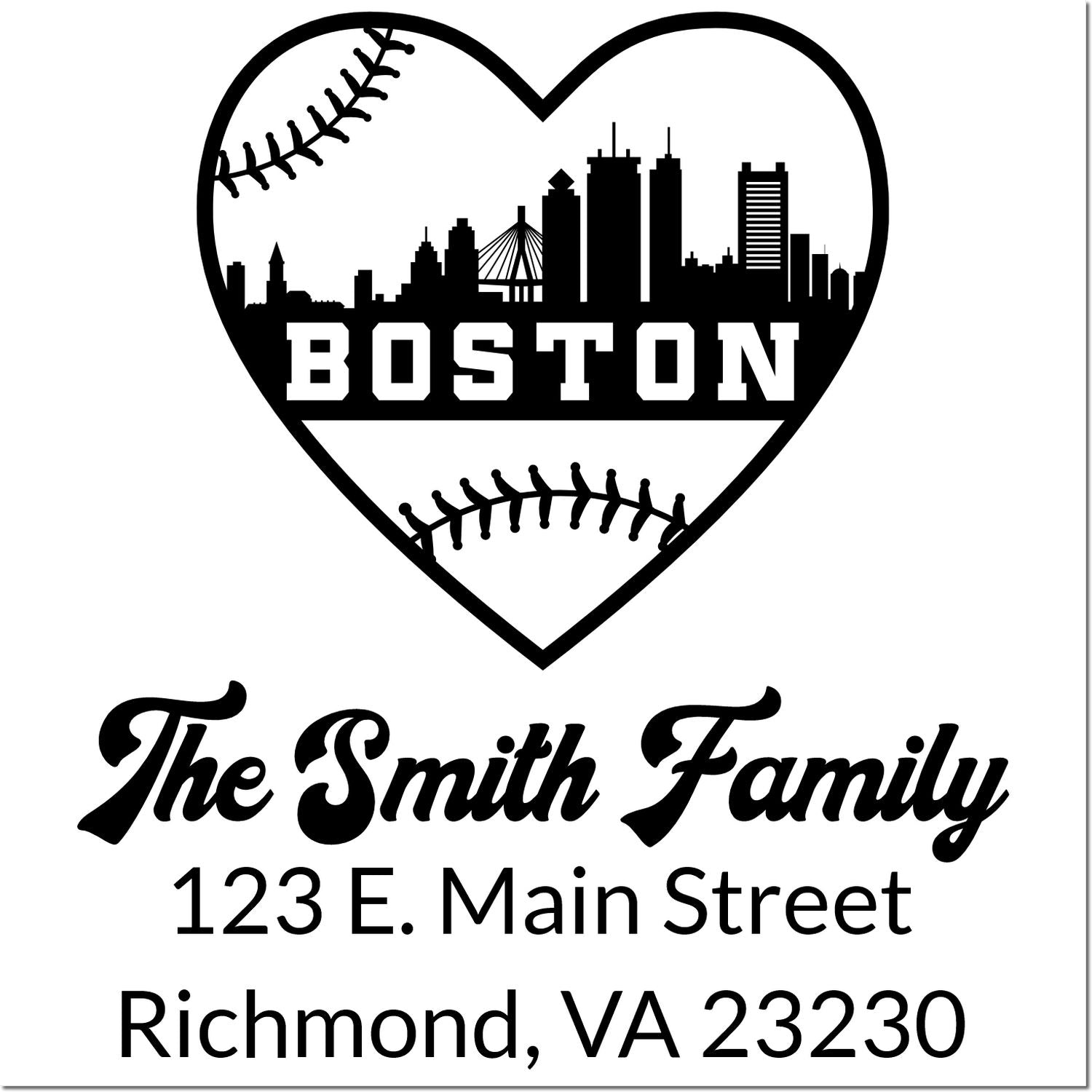 Custom Boston family return address rubber stamp with skyline heart, baseball accents, and Richmond, VA address.