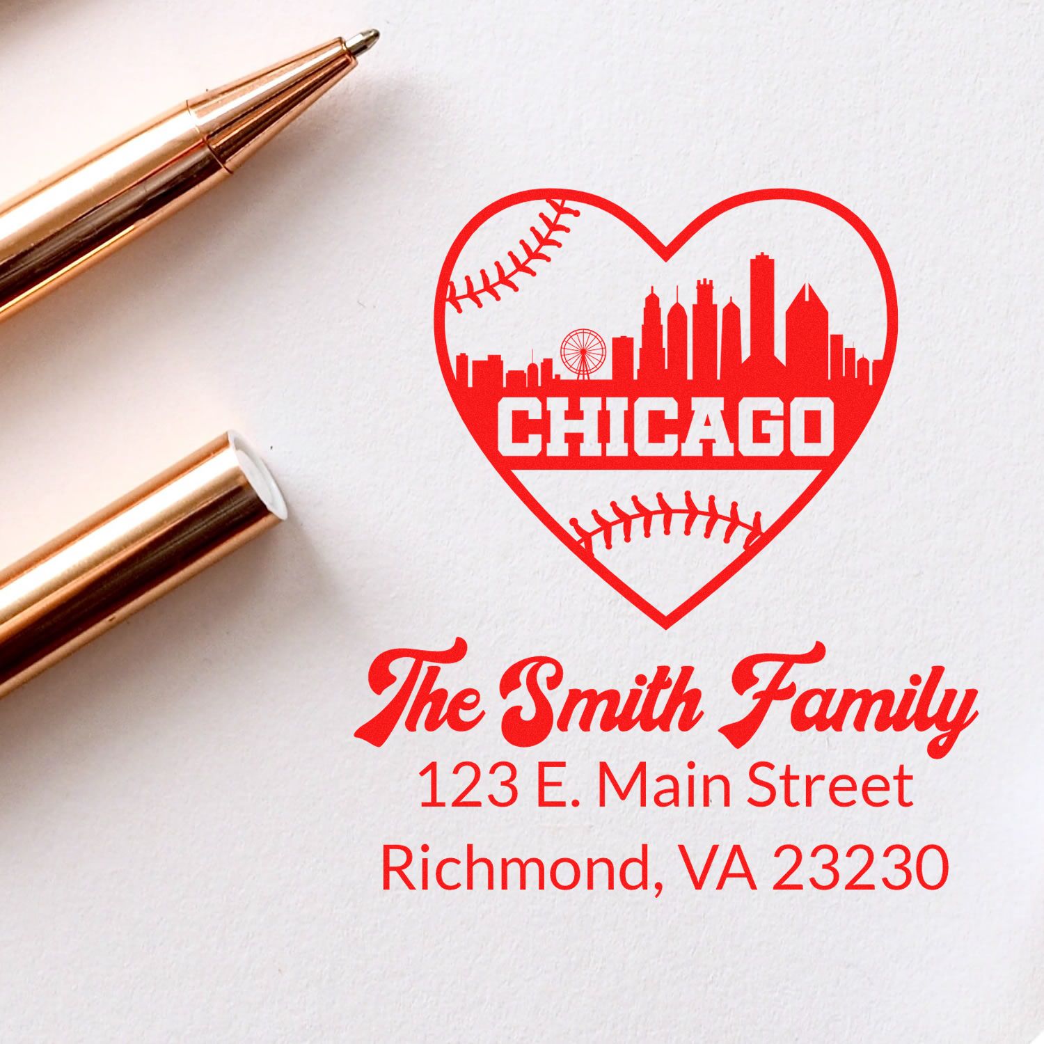 Custom family return address rubber stamp with Chicago baseball heart design, personalized for The Smith Family in Richmond, VA.