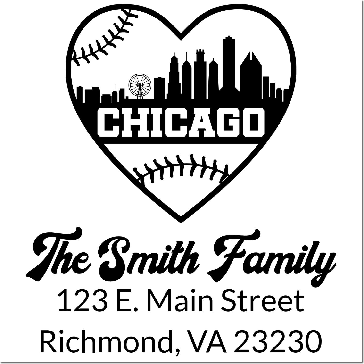 Personalized Chicago baseball heart family address rubber stamp with skyline, The Smith Family, Richmond, VA 23230.