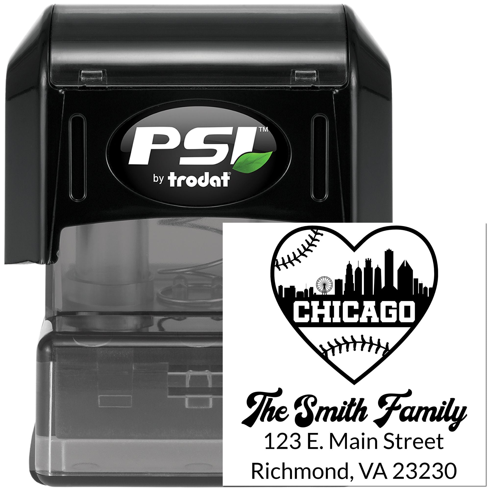 PSI by Trodat self-inking custom rubber stamp with Chicago baseball heart design and Smith family address.