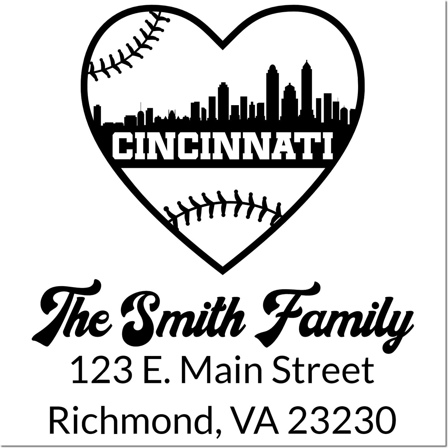 Personalized Smith Family return address rubber stamp with Cincinnati baseball heart skyline and Richmond, VA 23230 address.