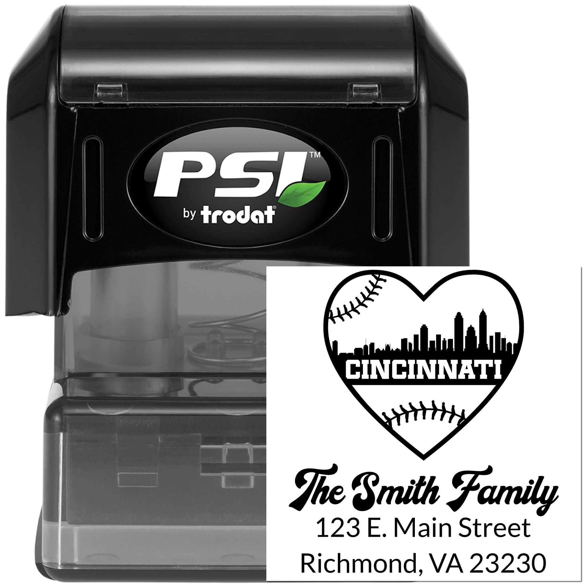Custom self-inking rubber stamp with Cincinnati baseball heart logo and Smith Family address, PSI by Trodat.