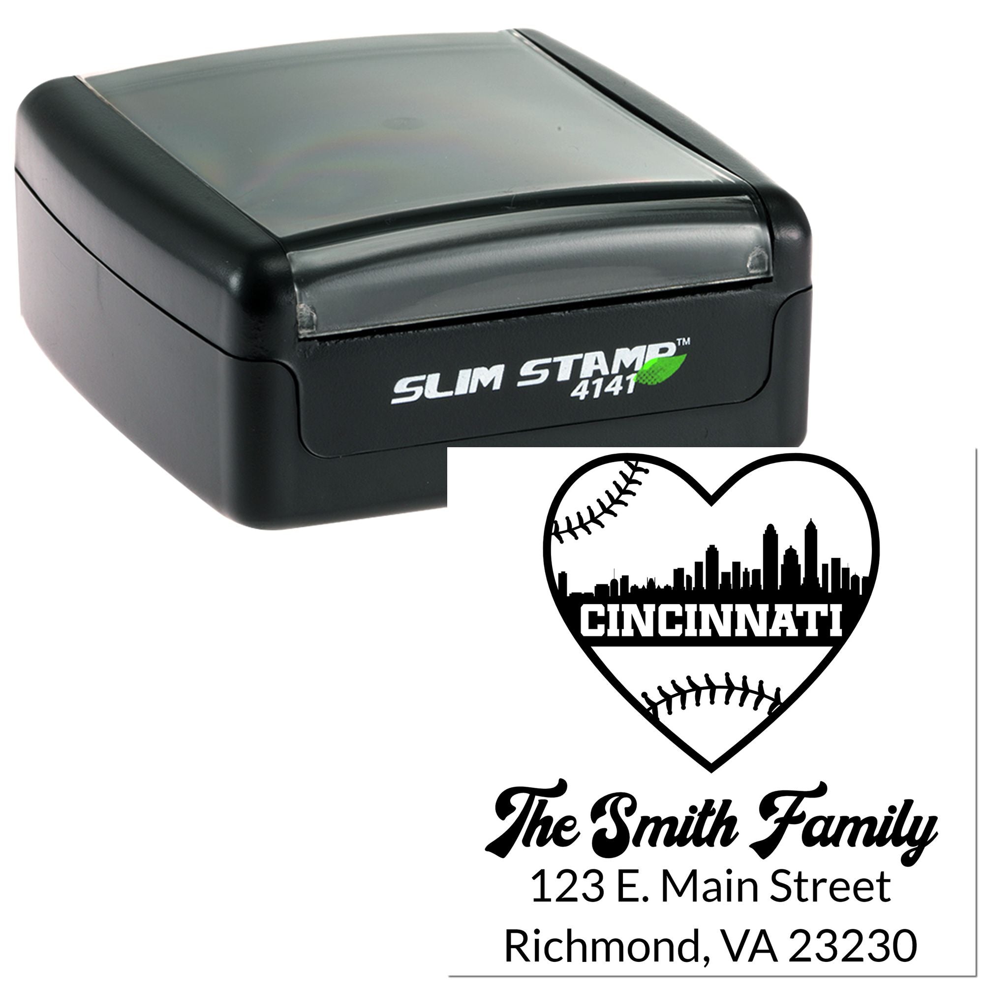 Custom self-inking Slim Stamp with personalized baseball heart Cincinnati return address design for family rubber stamps.
