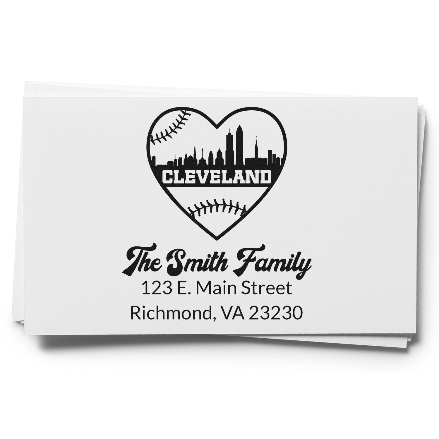 Personalized Cleveland baseball heart return address rubber stamp with skyline, family name, and address
