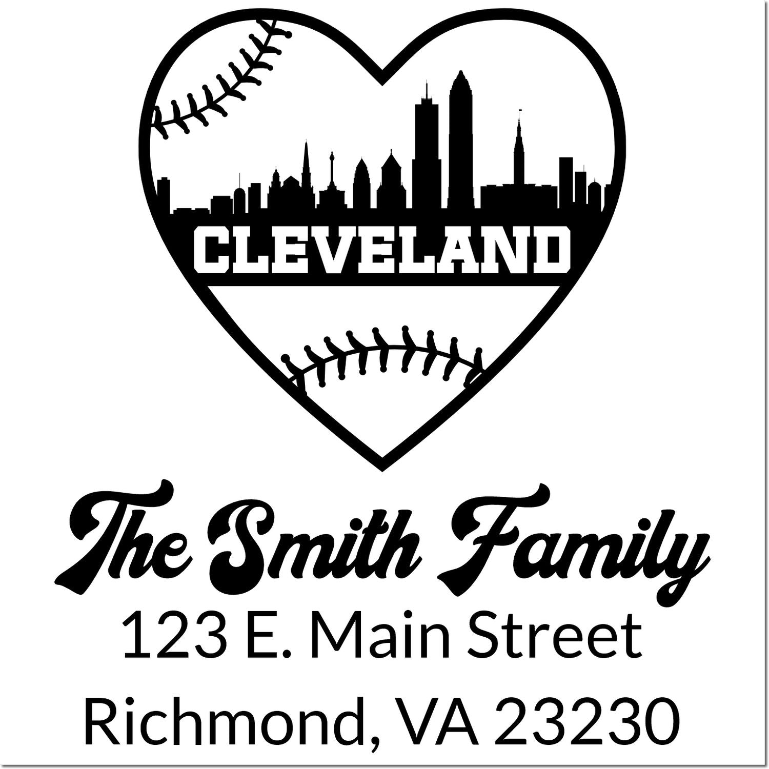 Personalized Cleveland baseball heart skyline return address rubber stamp for The Smith Family, Richmond, VA 23230.