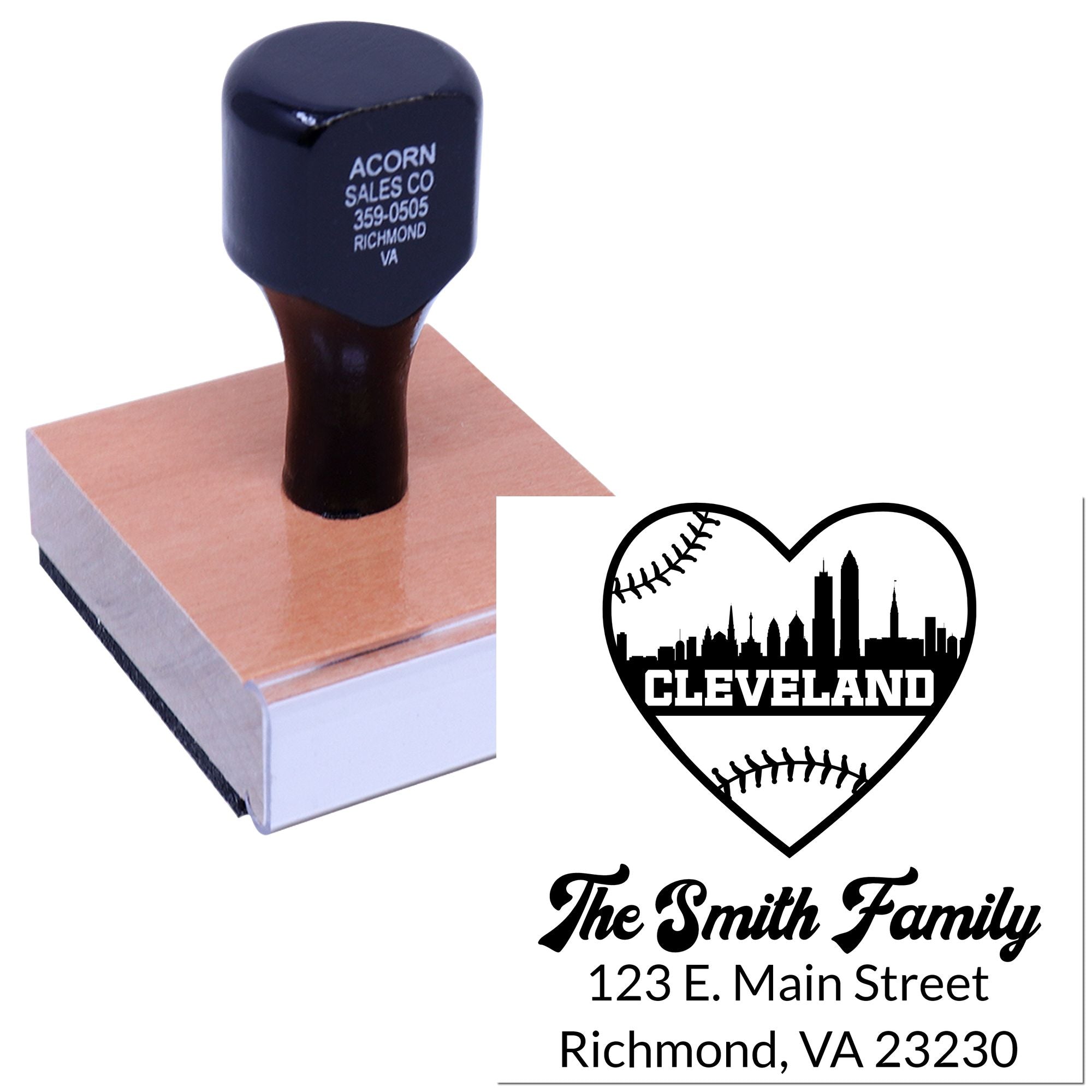 Custom baseball family address rubber stamp with Cleveland heart skyline design and personalized return address.