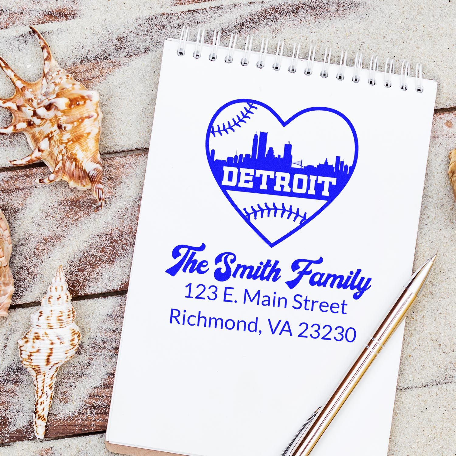 Custom family address rubber stamp with Detroit skyline heart, baseball details, and return address for personalized mailing.