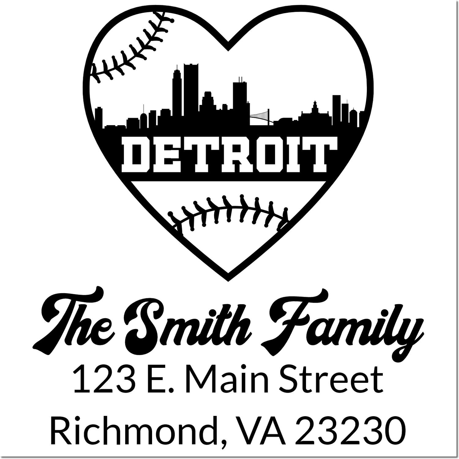 Custom Detroit return address rubber stamp with baseball heart, skyline, The Smith Family, Richmond, VA 23230.