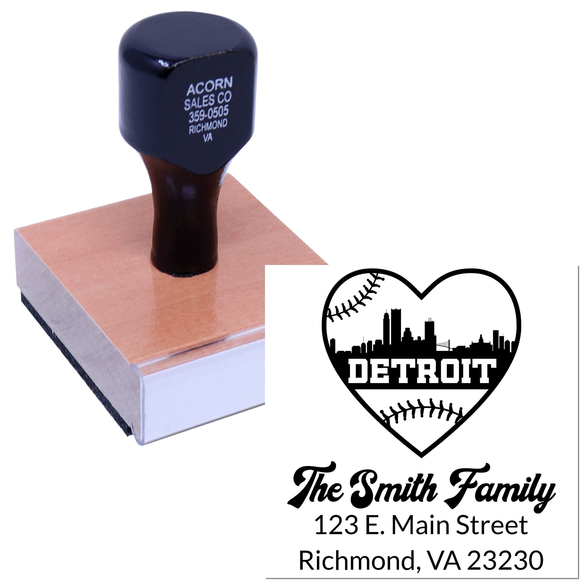 Custom rubber stamp showing a personalized family address design with Detroit baseball heart logo for mailing and crafts.