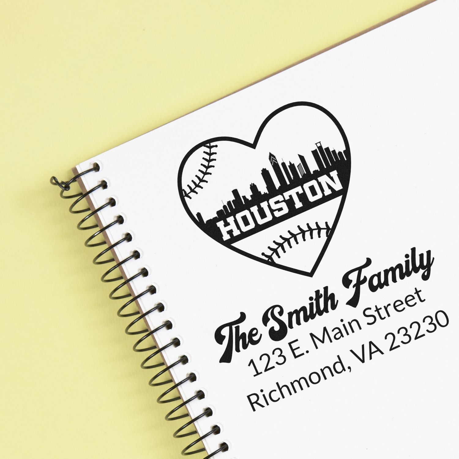 Custom Houston family address rubber stamp with baseball heart skyline design for personalized mail, notebooks, and gifts.