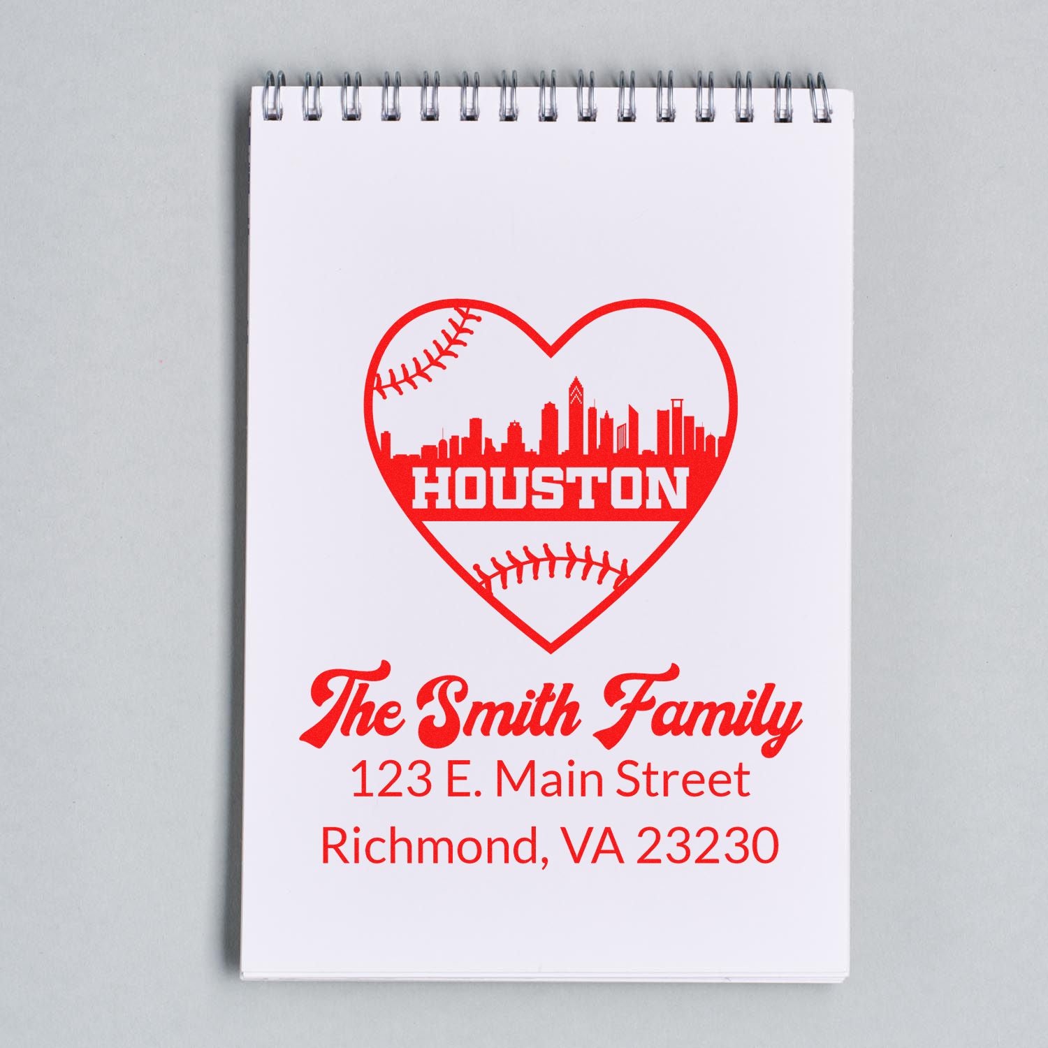 Custom Houston baseball heart address rubber stamp for The Smith Family, Richmond VA 23230
