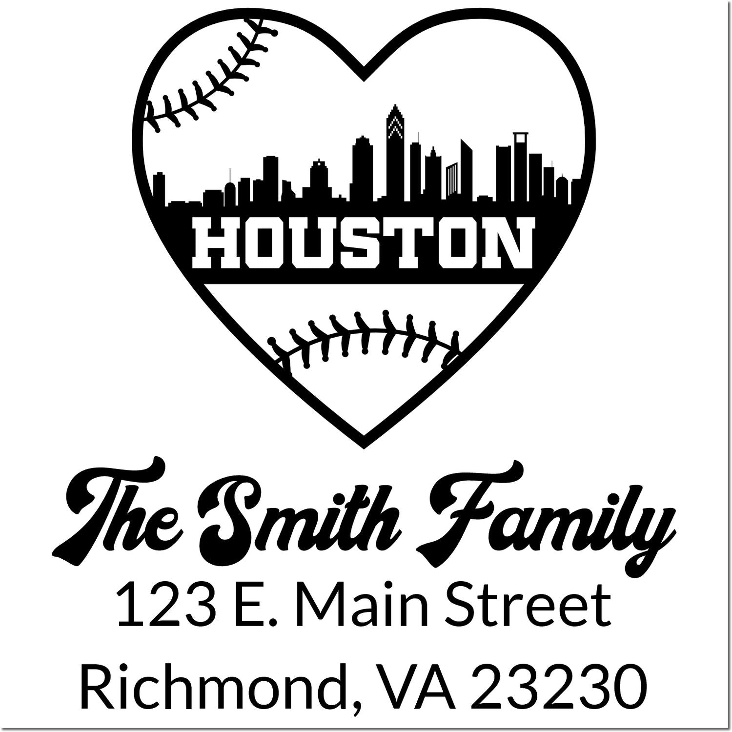 Personalized Houston skyline heart baseball return address rubber stamp for The Smith Family, 123 E. Main Street, Richmond, VA 23230.