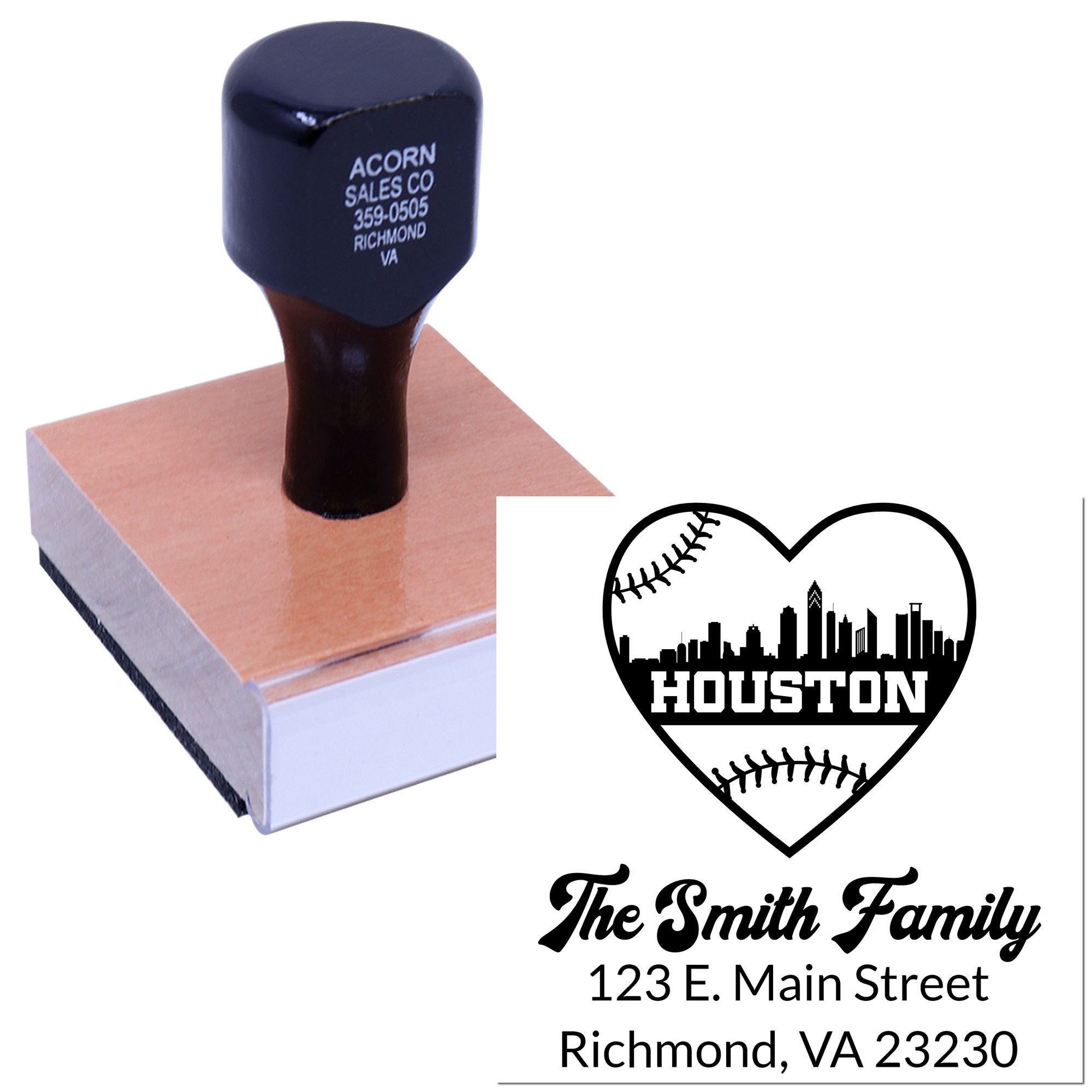 Custom rubber stamp with personalized family address design and Houston heart logo for mailing and branding.