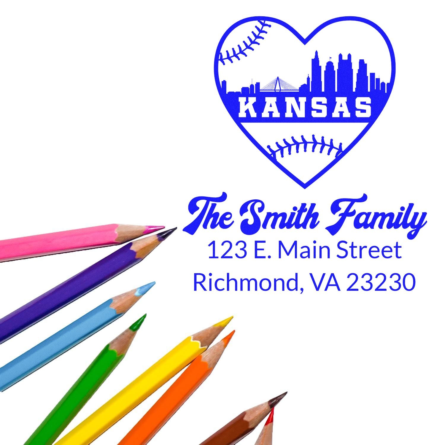 Custom Kansas family address rubber stamp with heart skyline baseball design, The Smith Family, 123 E. Main Street, Richmond, VA 23230