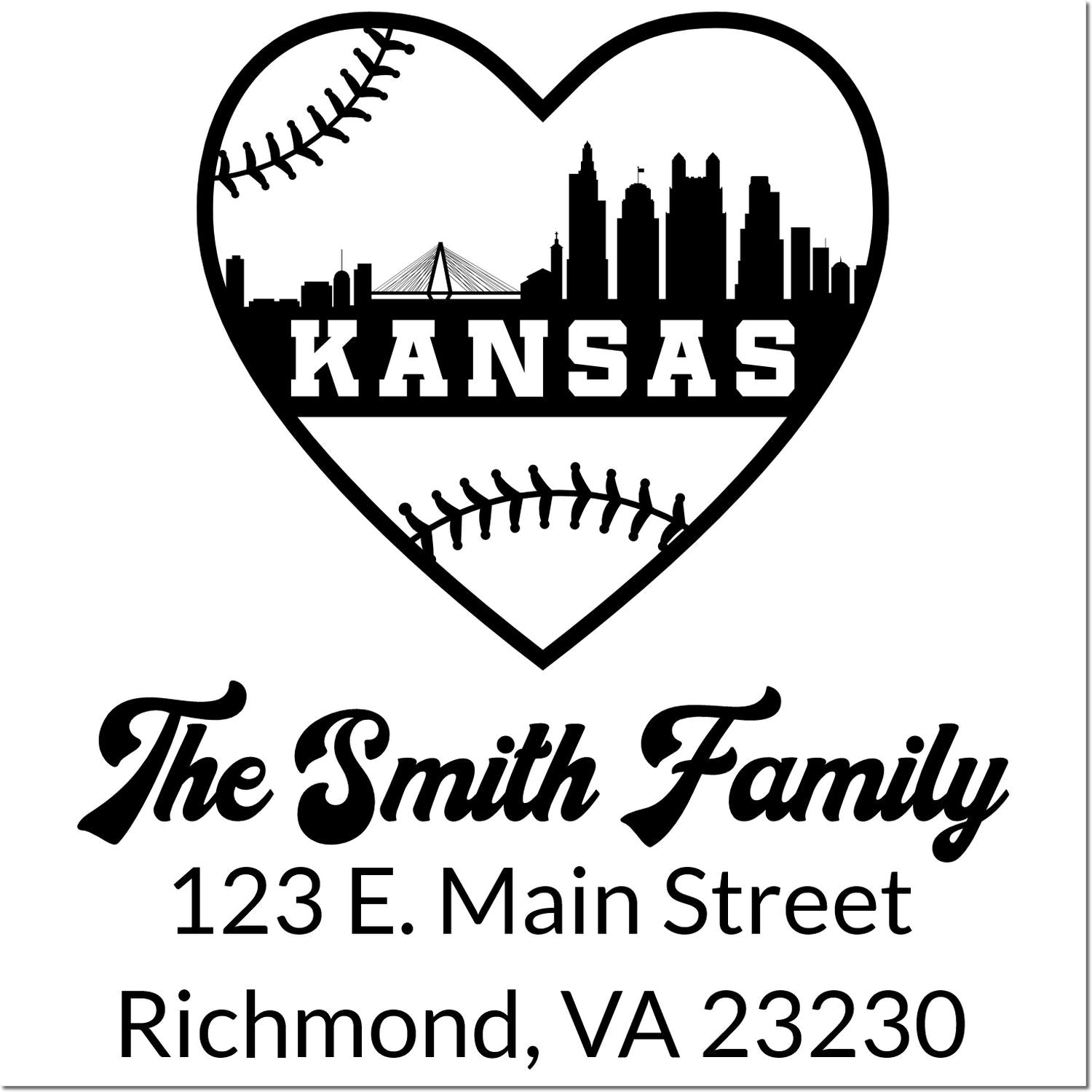 Custom Kansas baseball heart skyline return address stamp for The Smith Family, Richmond, VA 23230.